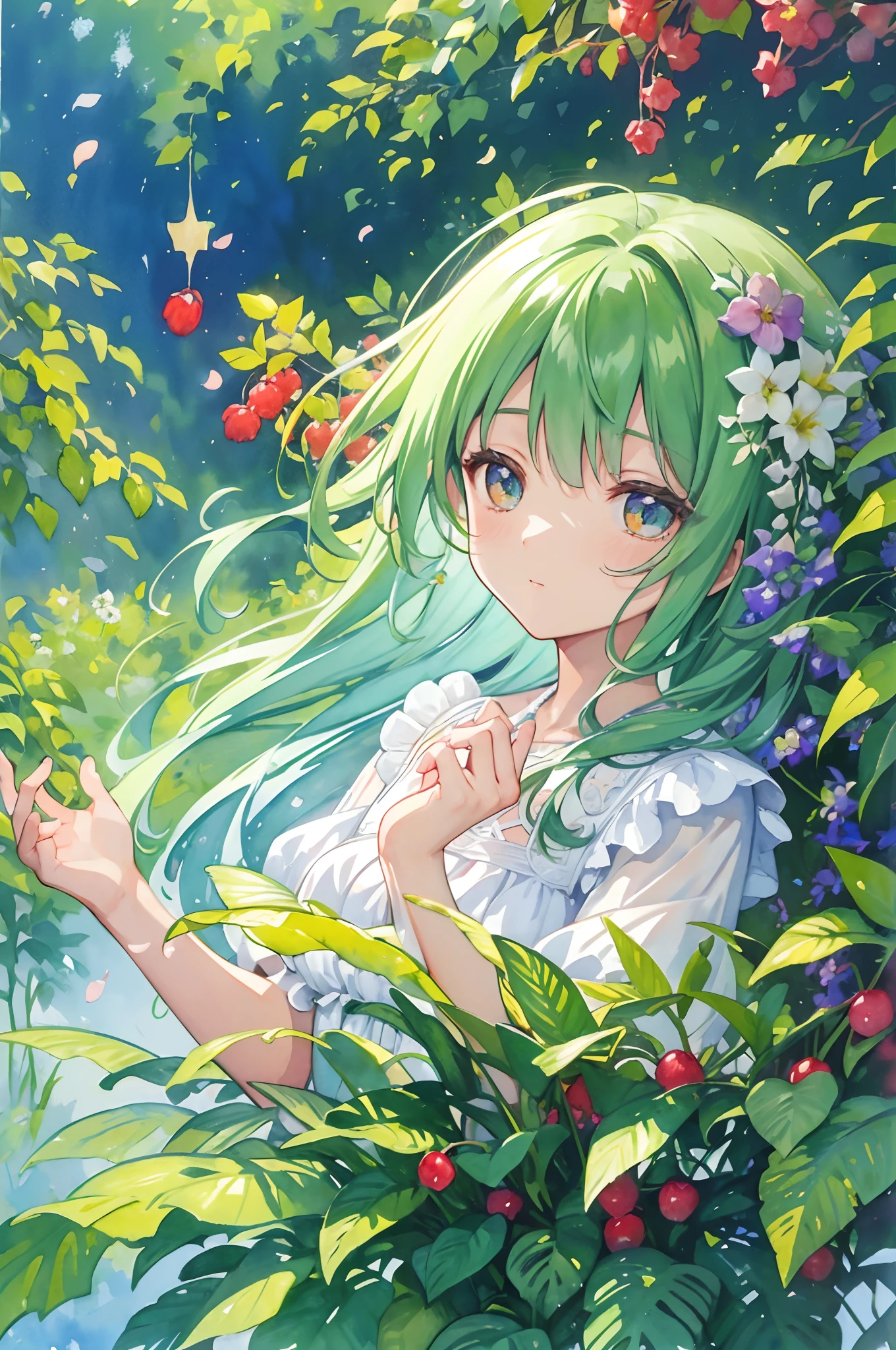 ((masterpiece)), vibrant colors, sunlight, garden scenery, gentle breeze, peaceful atmosphere, bokeh lights, blooming flowers, delicate petals, fresh greenery, intricate patterns, soft and soothing tones, beautiful flowers, berries, ferns, leaves, ((watercolor pattern of calming colors)), ((watercolor texture)), 1girl