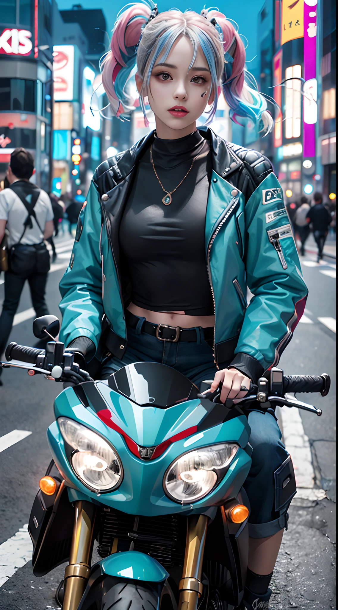 motor irreal:1.4,UHD,La mejor calidad:1.4, fotorrealista:1.4, textura de la piel:1.4, obra maestra:1.8, Self-confident cyberpunk girl, Toma de cuerpo completo, ((De pie frente a la motocicleta)), Conjunto pop inspirado en Harajuku, Colores y patrones llamativos, Accesorios llamativos, Peinado moderno e innovador, Maquillaje vibrante, Paisaje urbano deslumbrante cyberpunk, Rascacielos, neon signs, Luces LED, Esquema de colores brillantes y vivos, anime, illustration, Textura detallada de la piel, Textura detallada de la tela, Hermosa cara detallada, Detalles intrincados, Ultra detallado.