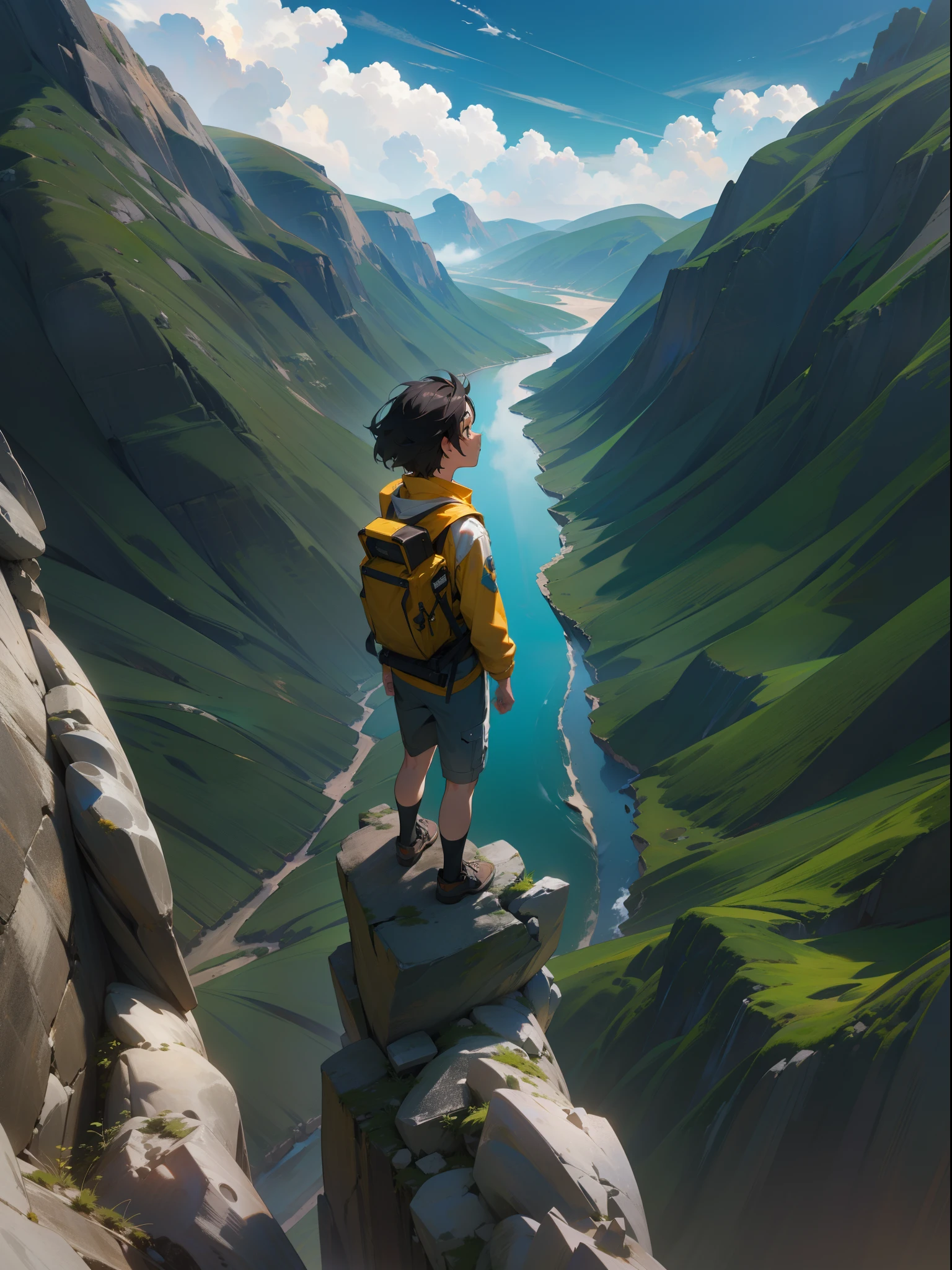 a young boy wearing black adventure clothes,standing at a cliff,looking up at the vast blue sky,cinematic scene,up close,boy giving his back to the camera,(best quality,4k,8k,highres,masterpiece:1.2),ultra-detailed,(realistic,photorealistic,photo-realistic:1.37),scenic view,natural landscape,sharp focus,mountain landscape,fine details,expressive posture,dynamic composition,adrenaline rush,sunlight casting dynamic shadows,deep colors,dramatic lighting,adventure theme,explorer spirit,aspiring youth,vibrant atmosphere,awe-inspiring perspective,limitless horizons,infinite possibilities,black hair blowing in the wind,strength and determination,unexplored wilderness,inspired by nature,natural beauty,majestic scenery,clouds drifting peacefully,tranquil atmosphere,peaceful solitude,endless sky,serene tranquility,escaping into the wild,thrill of the unknown,unforgettable journey,captivating nature,unbroken silence,breathtaking moments.