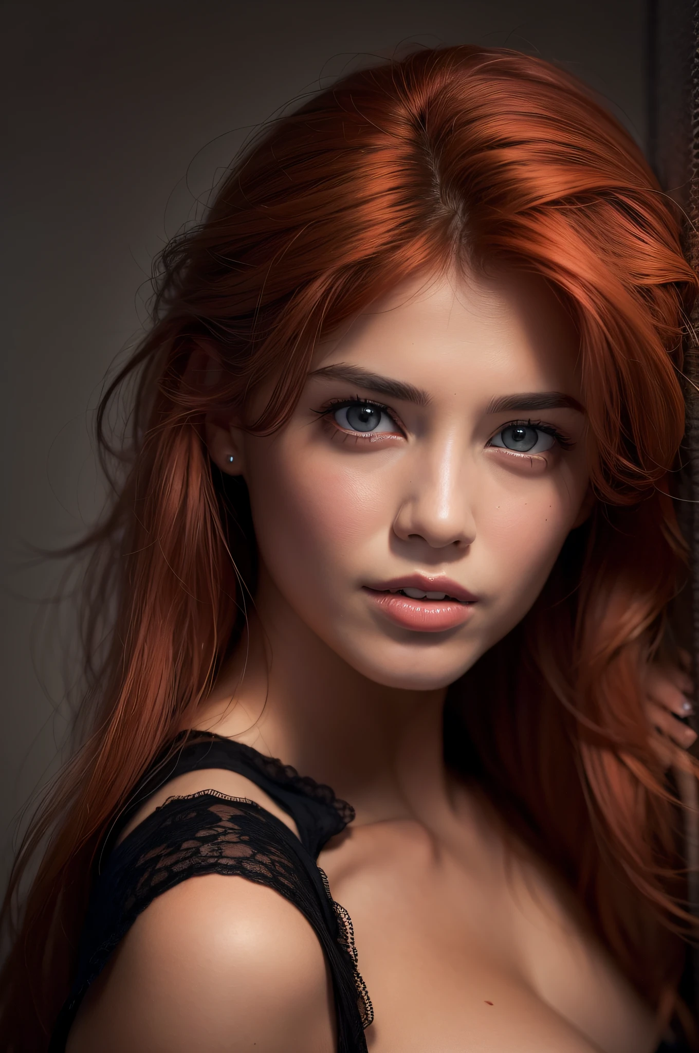 Red-haired woman in black bra top posing for a photo in a studio, mulher loira bonita, mulher loira, red and attractive features, loira mulher jovem bonita, loira bonita, uma loira linda, Meninaabelo loiro longo, mulher loira nova, longos cabelos loiros e olhos grandes, modelo feminino bonito, cabelos loiros e olhos grandes, sorrindo, sentada na cama, calcinha preta pequena