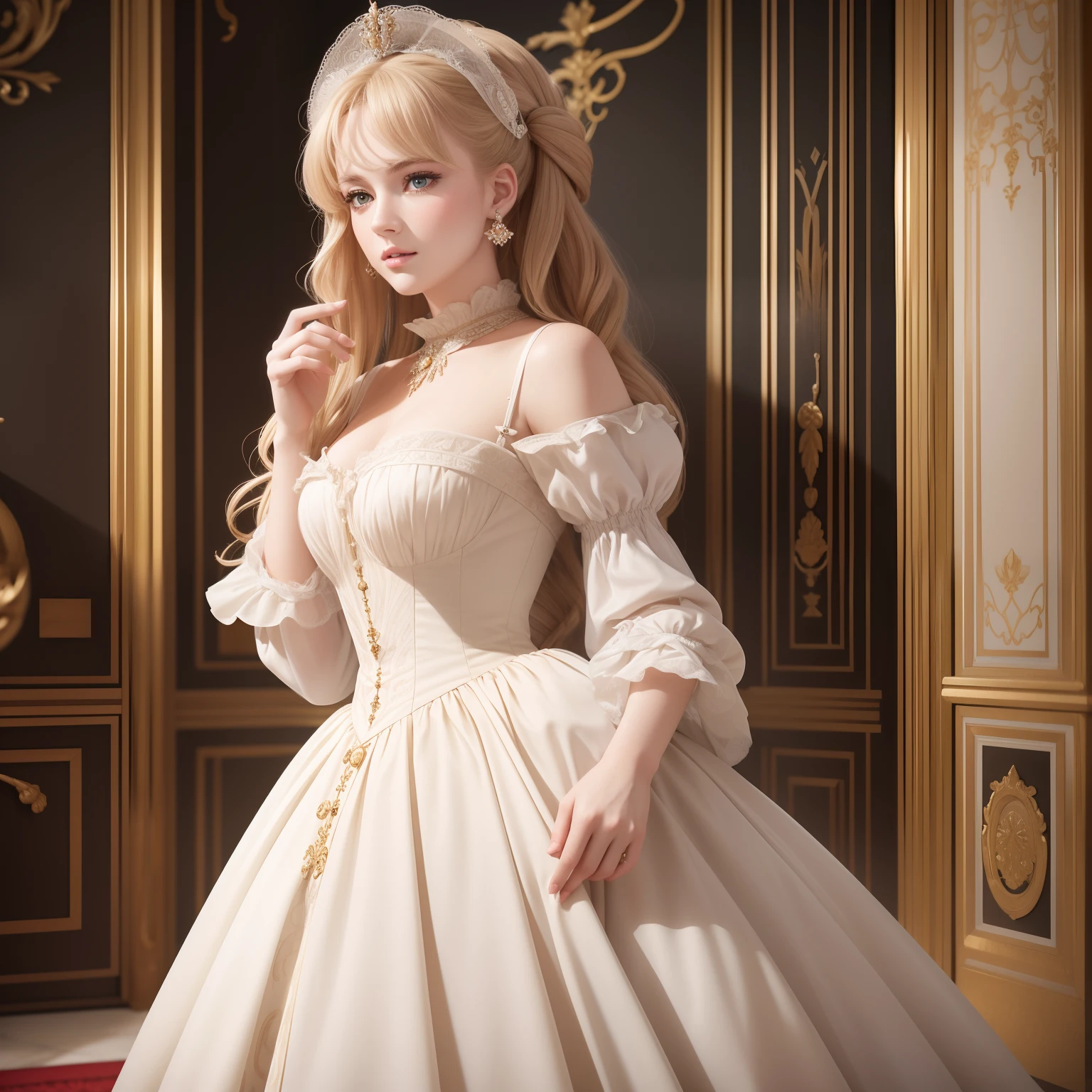 Luxury quality) , High quality(hiquality) etc ○○ detailed – ○○ details ultra detailed(Ultra-fine ) , Extremely detailed(Extremely detailed) , Finely detailed(Fine-grained) etc ○○ res – ○○ resolution ultra high res(超A high resolution) , very high res(hight resolution) etc Realistic – Realistic Photorealistic – photorealistic beautiful – beautiful 4k , 8K , 16K – 4K image quality , 8K , 16k distinct – clearly Best Aesthetic – Supremely Aesthetic ,Marie Antoinette,Palace of Versailles,medieval times,ue,((1girl in)),up hairstyle,French dress,((Ankle-length long dress)),rokoko,pannier,hoop skirt,((Perfect fingers))
