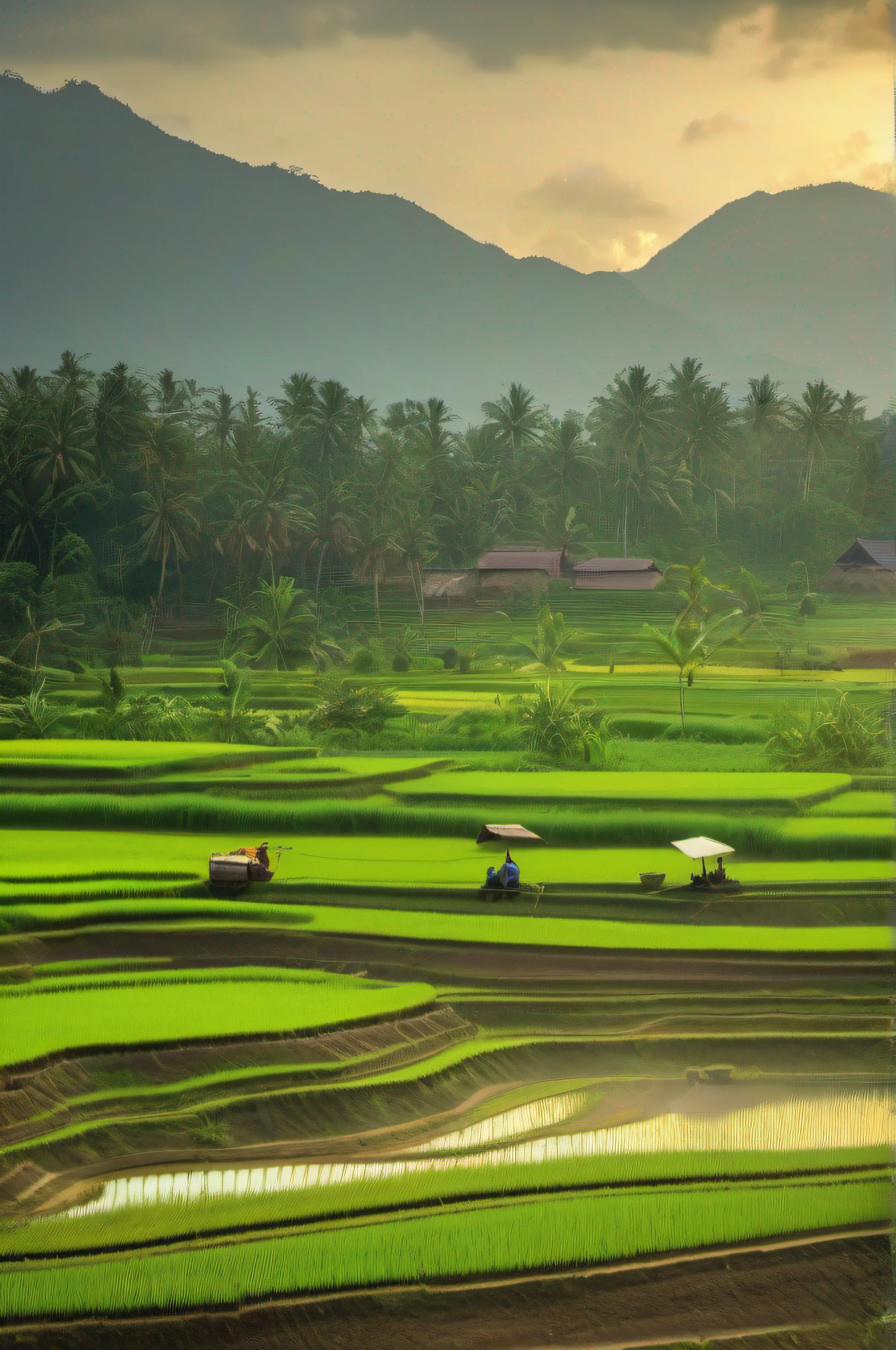 People are working in green meadows with mountains in the background., The villagers are busy farming., malaysia with a paddy field, rice paddies, Laos, Vietnamese, harvest, agriculture, Beautiful sunny day., By Yasushi Sugiyama, by Nicolette Macnamara, beginner, mohammed abbasi, Fields and rivers flow on --ar 73:128 --s 750 --v 5. 2