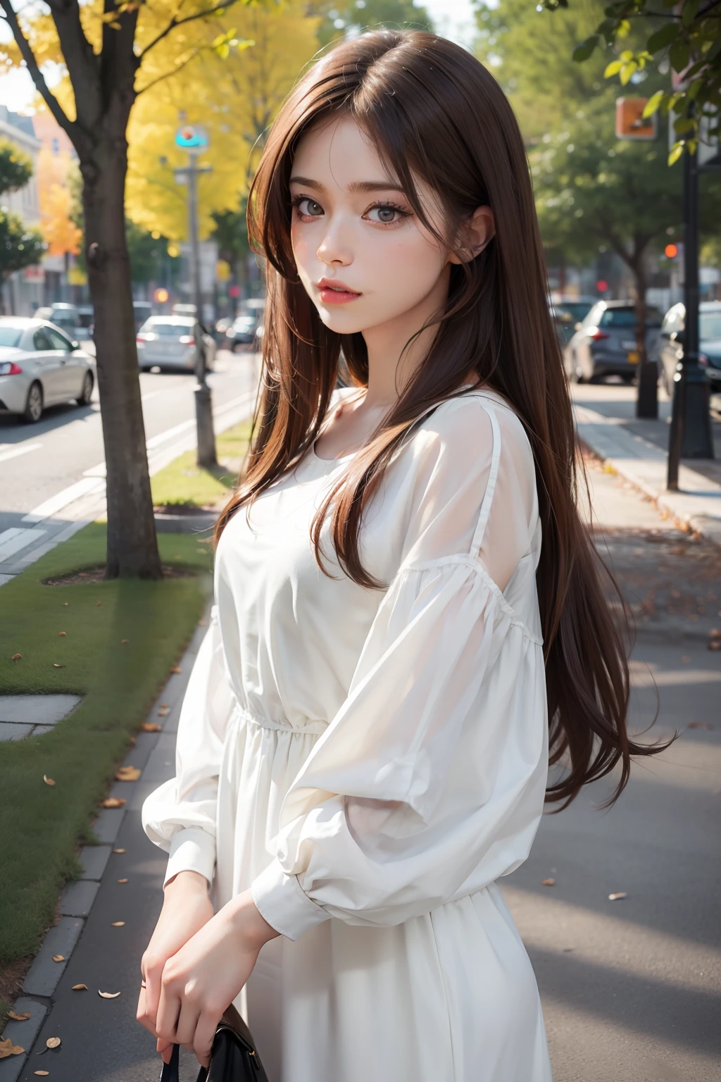 Photorealistic,minimal style,Dress normally,Woman with long brown hair,parks