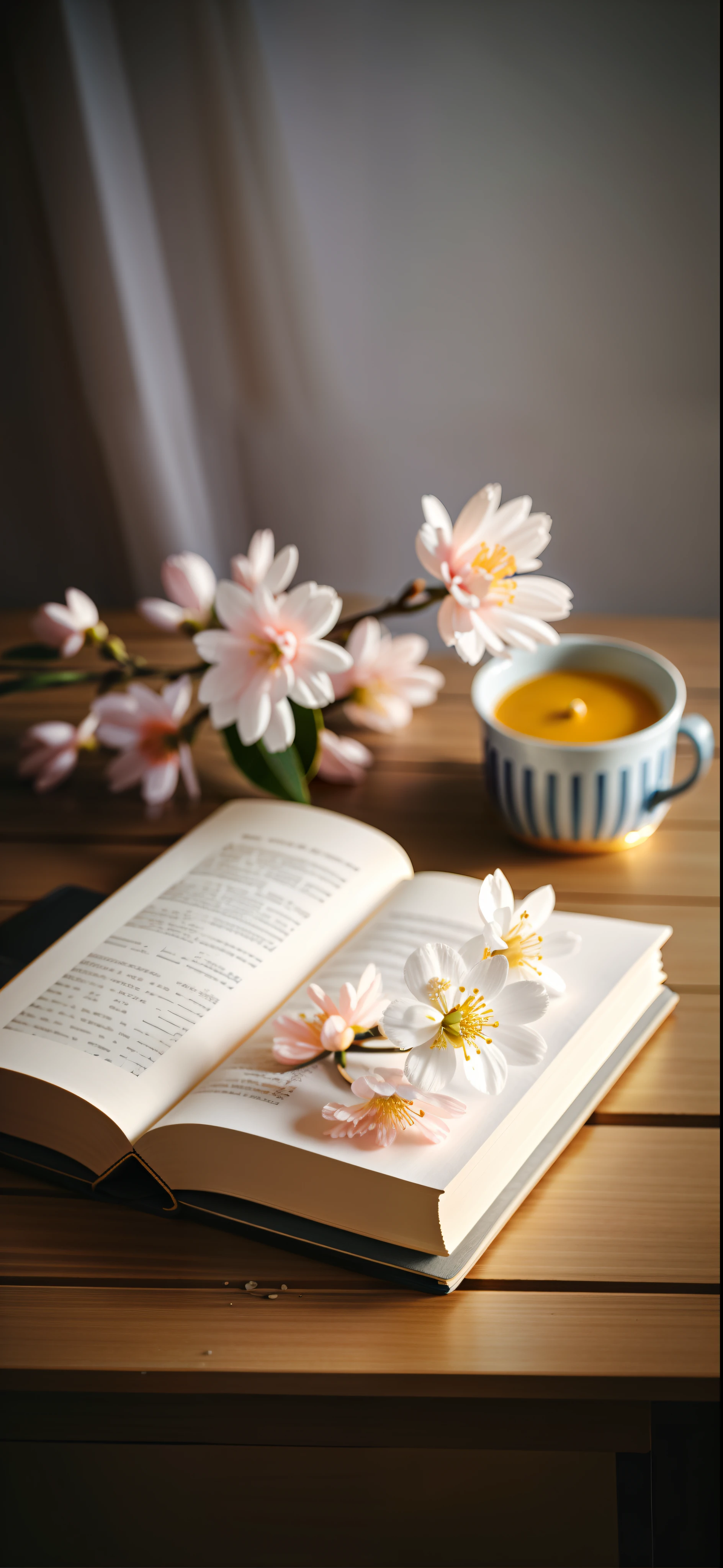 On the table was a book，There is a flower on it, books and flowers, with one vintage book on a table, Beautiful composition, sakura blooming on background, Sakura flower, sunny morning light, Soft morning light, on a white table, relaxing mood, dreamy floral background, reading new book, spring morning ，spring evening, Magnificent composition，Delete text from the picture, The fragrance of peach plum is all over the world