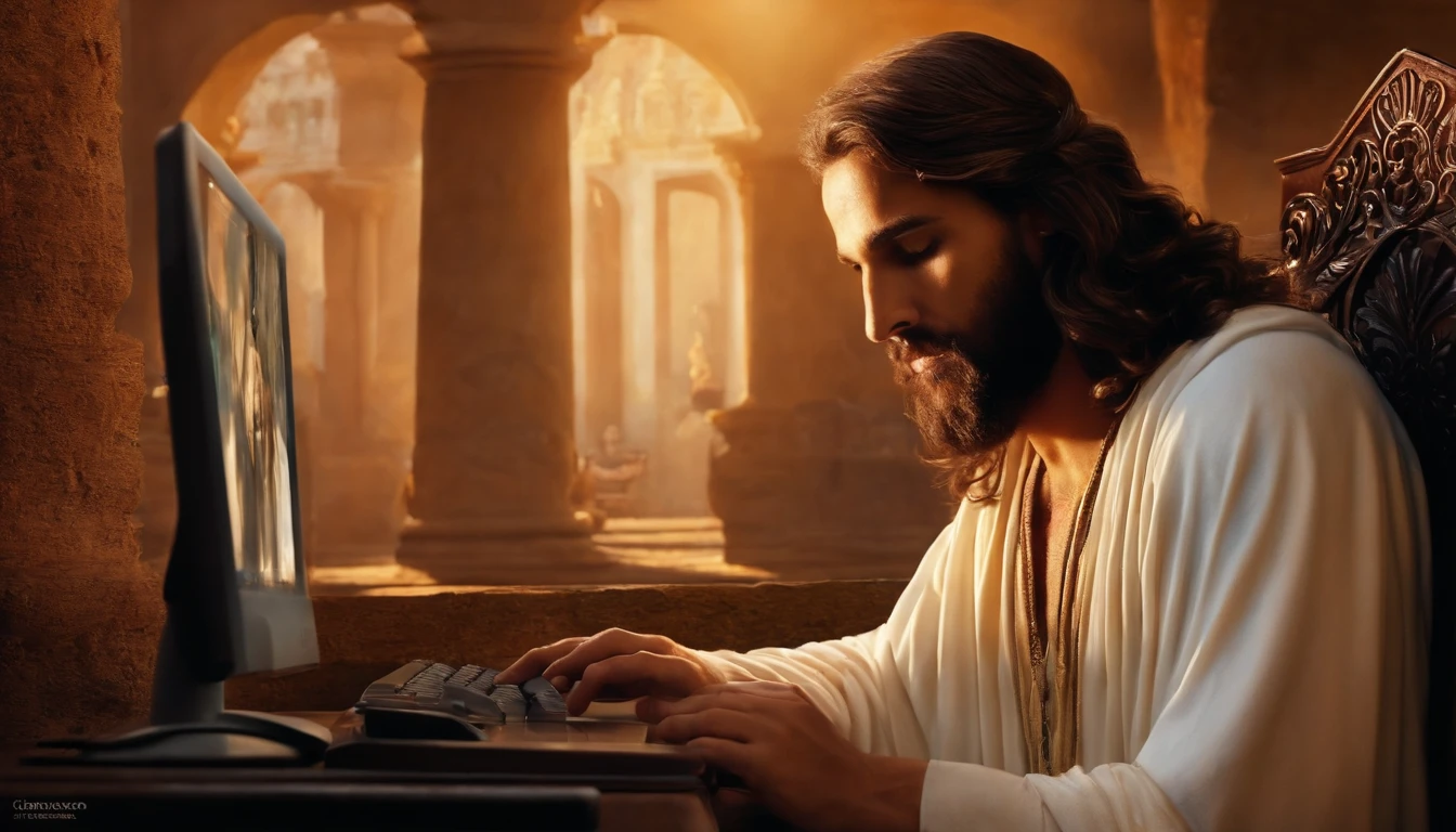Describe a scene in which God is represented as Jesus, Sentado na frente de um computador digitando no teclado do computador, criando o mundo no fundo da imagem, com um vento ao fundo