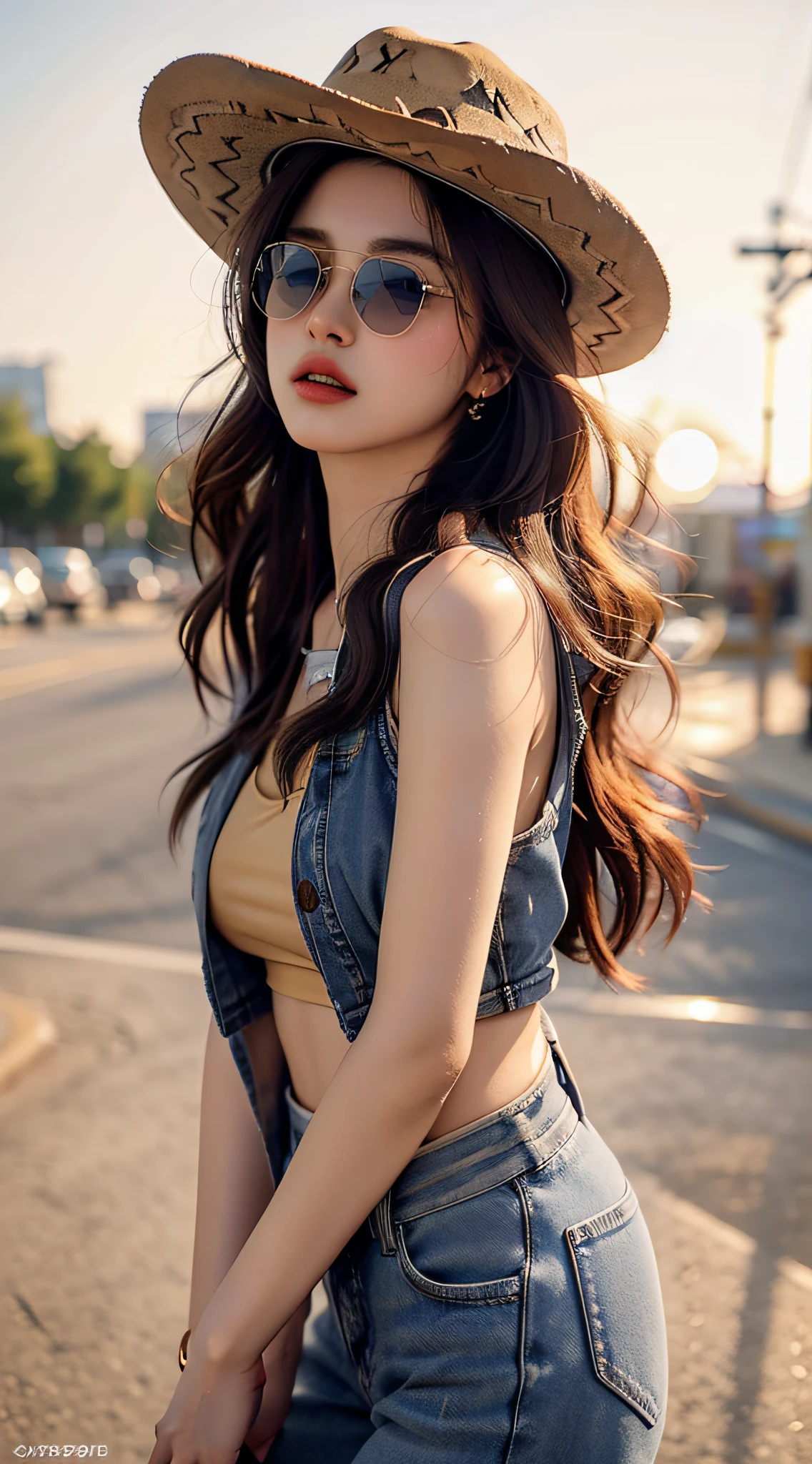 4K Ultra HD, Best quality, A girl, Good face, sun glasses, Detailed lips, Long hair, Straight hair, Wear denim, Cowboy hat, Blurred background, Relaxed atmosphere, Full body capture,