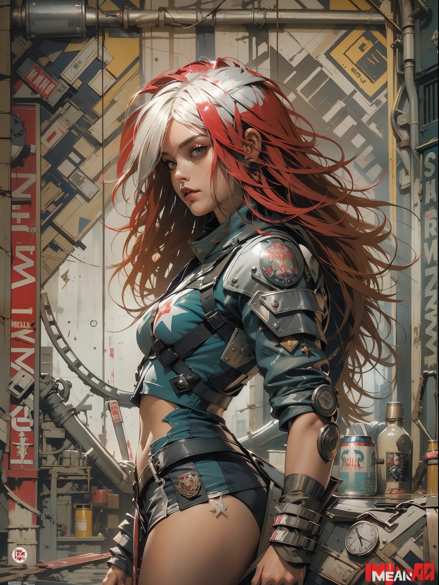 (((mulher))), (((melhor qualidade))), (((obra prima))), (((adulto))), (((1girl))), ((( corte de cabelo bob ))), Uma gladiadora cyberpunk mulher de 25 anos com corpo perfeito, shoulder pads with metal spines, Gladiadores do Brooklyn, (( corte de cabelo bob )), tiny leather panties, camiseta de time de rugby rasgada, quase nua no estilo selvagem urbano de Simon Bisley para a capa da revista Heavy Metal, Cabelo loiro curto, Minimum clothing, Metal protection on the left arm with intricate graphics, Dark red with white stars and white and navy blue checkerboard pattern, armadura, cheio de pontas e rebites, (((do joelho pra cima))), cabelos loiro branco curto, no fundo uma parede pintada por Shepard Fairey com um design intrincado