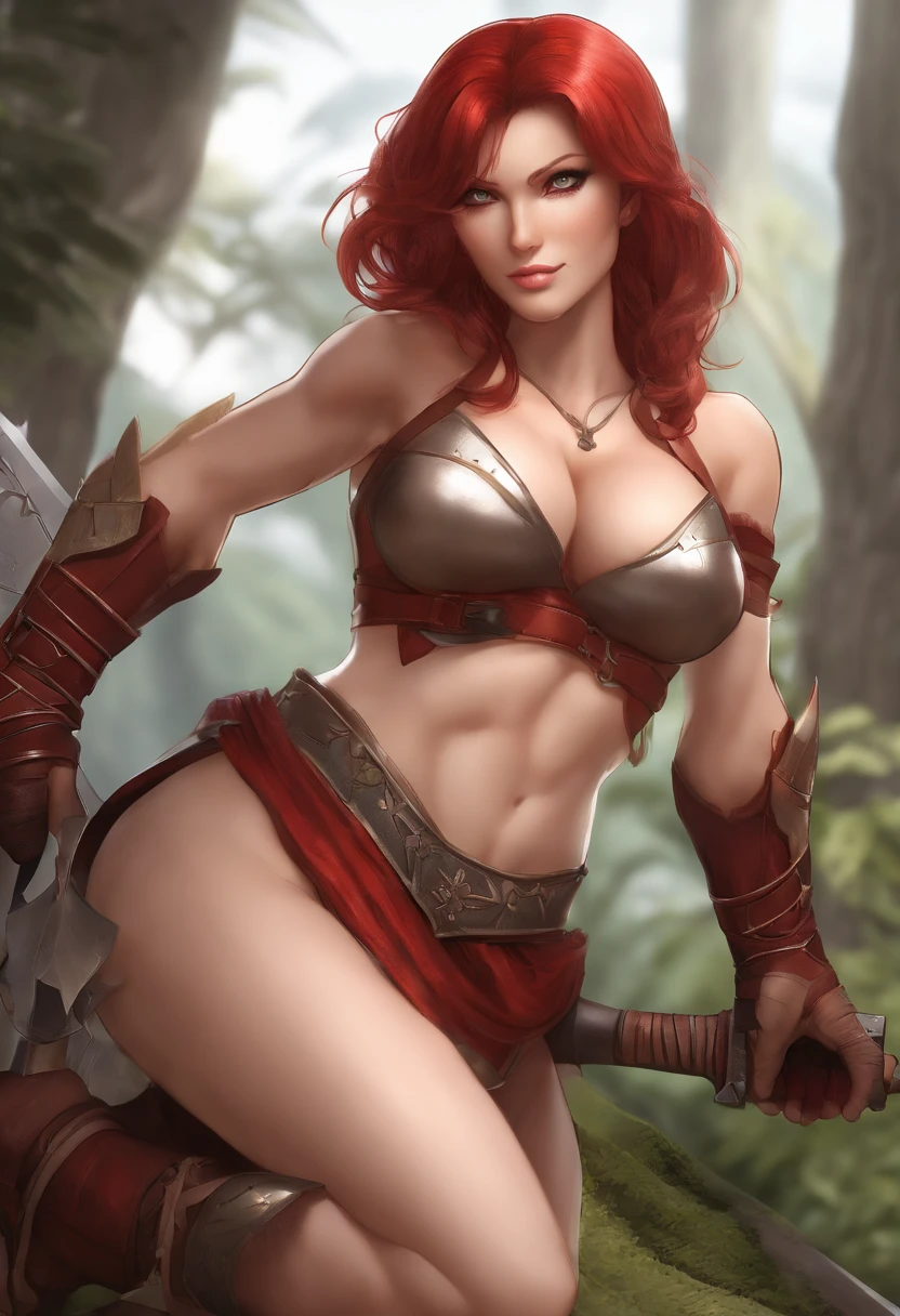 1girl, breasts, solo, large breasts, bikini armour, red eyes , outside, abs,scars, barbarian, axe weapon, milf, red hair, red eyes arrogant expression,smiling, smirk, sitting down, looking down at viewer, (masterpiece, extremely detailed 8k CG, sharp line),Mai Sakurajima, official art, colourful, beautiful Japanese anime style big eyes, one pretty woman,large breasts),, Smooth skin:1.2, , red eyes