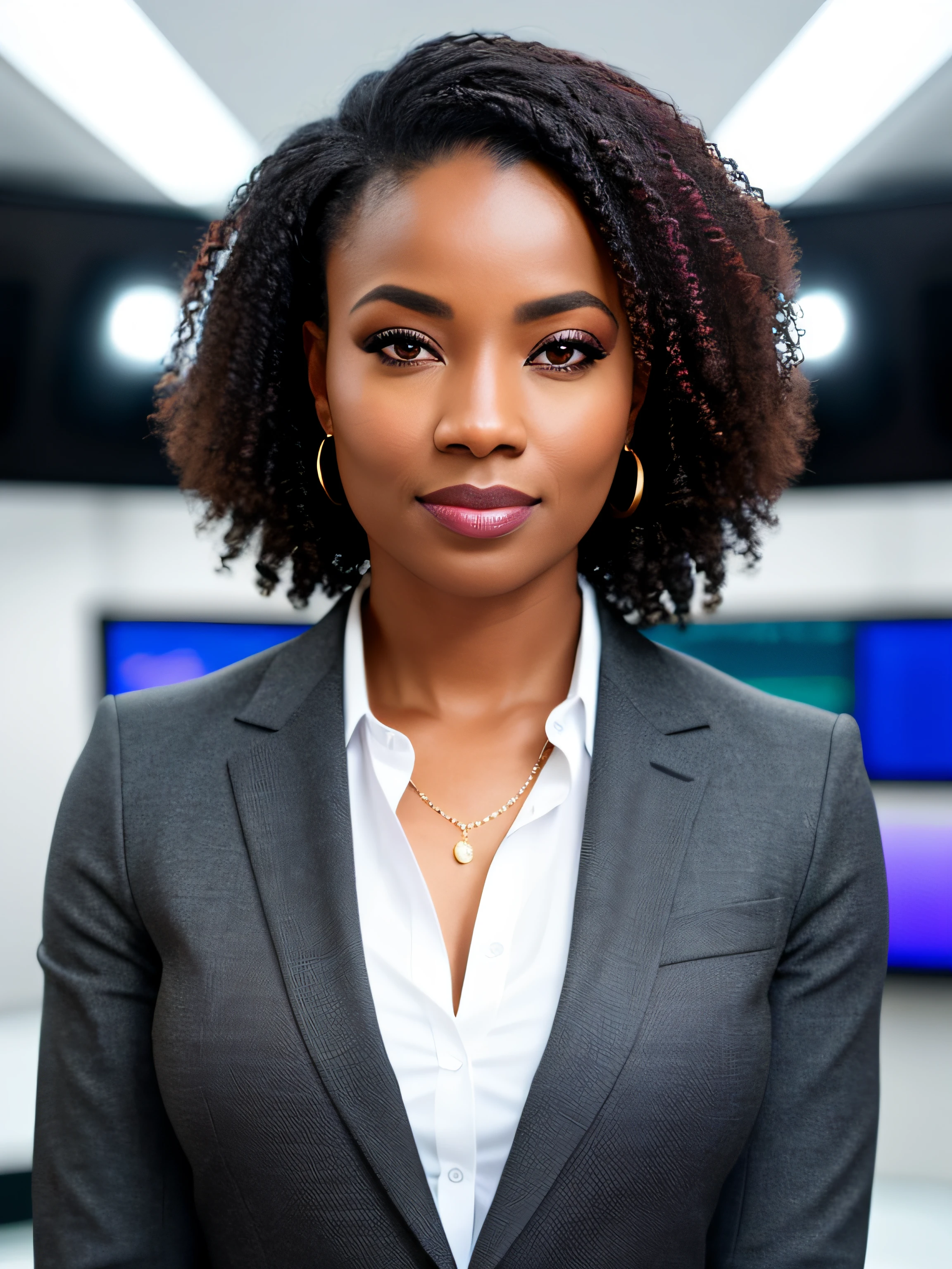 portrait, smart, confident, Inspirational, woman of black origin, fair skin, heterochromatic eyes, (skin texture), skin pores, shallow depth of field, sharp eye focus, backlit, tapered nose, standing, full body, news anchor room，Thin, woman suit, standing, full body, fortitude, tmasterpiece, professional photo