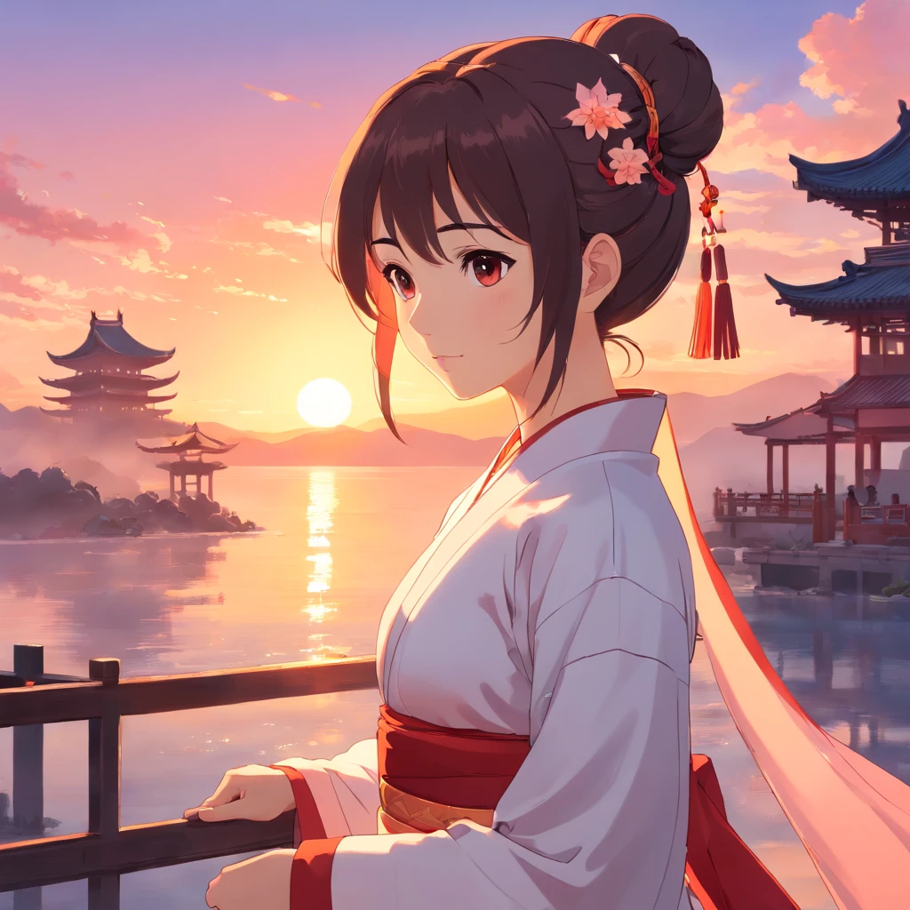 tmasterpiece, Better quality, Still film, Ancient Chinese Women,Wearing white Hanfu,hair-bun,foreground, brightly, Frico, Soft warm lighting, Red sunset (Scarlet)