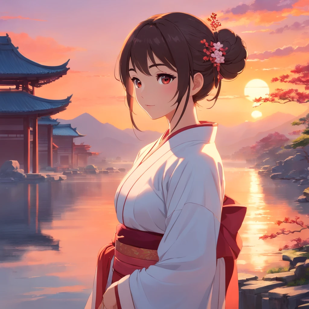 tmasterpiece, Better quality, Still film, Ancient Chinese Women,Wearing white Hanfu,hair-bun,foreground, brightly, Frico, Soft warm lighting, Red sunset (Scarlet)
