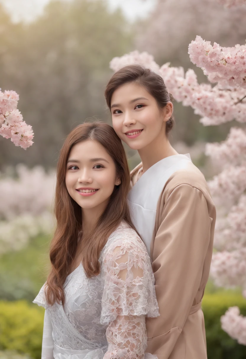 Academic dress, Academic robes, Mortar board, Square cap, University campuses, Buildings, Cherry blossoms, Smiling, 2girls, detailed uniform, view the viewer, (SIGMA 85mm f1.4), Depth of field, Bokeh, Detailed realistic background, diffused natural sunlight, diffused natural skin glow, Face focus, Extremely detailed, (abstract backgrounds, zentangle, Fractal art:1.3), (many color, Colorful:1.1), (feater, petals, Flowers:1.3), Earrings