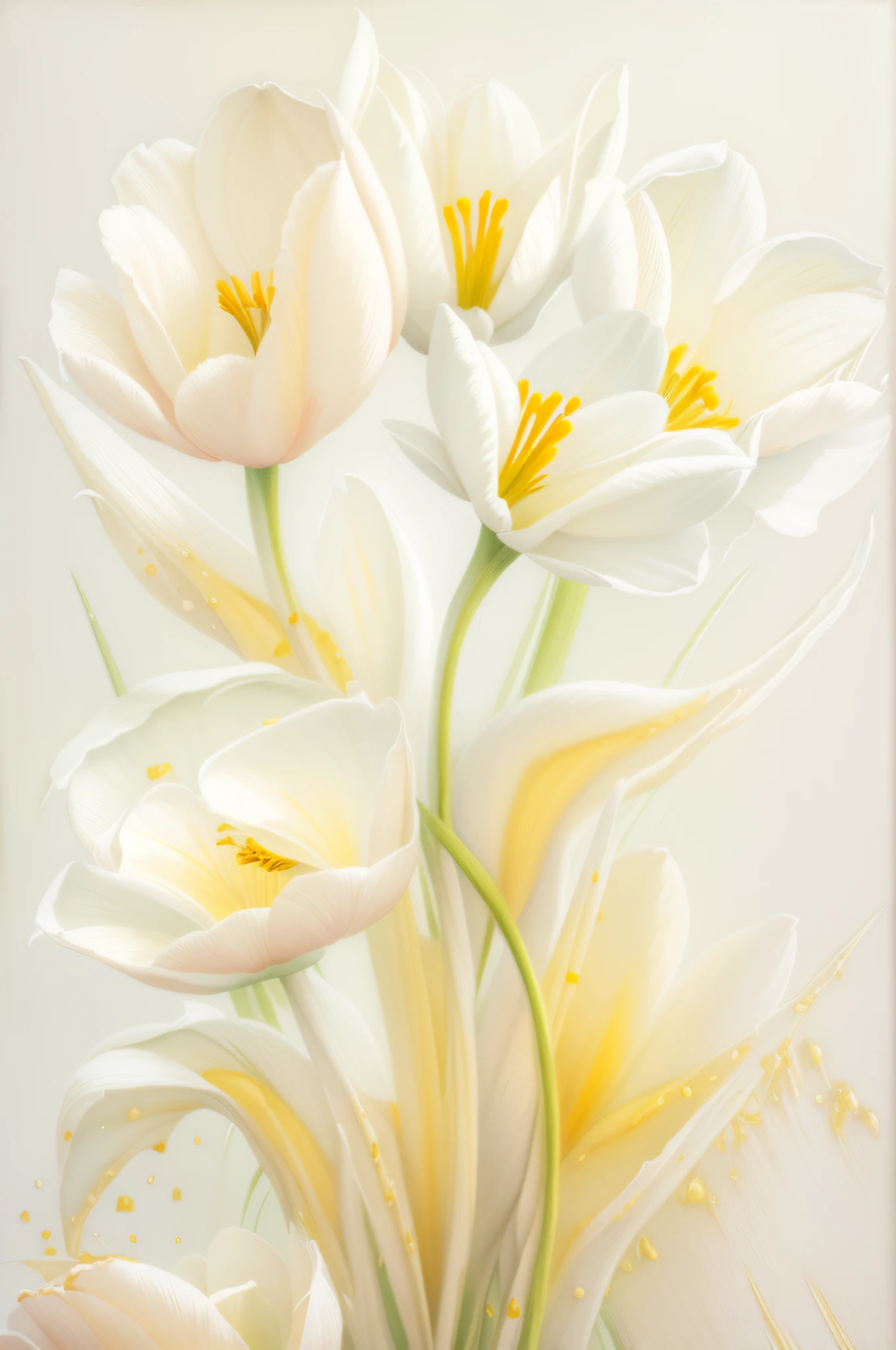 Three white flowers, elegant flowers, realistic flowers oil painting, The texture of the oil painting is three-dimensional, tulips, elegant and refined painting, cream-colored, Oil painting of texture, , Beautiful flowers, Soft glow, ellegance, Golden-white flowers, Close-up of flowers, Simple composition