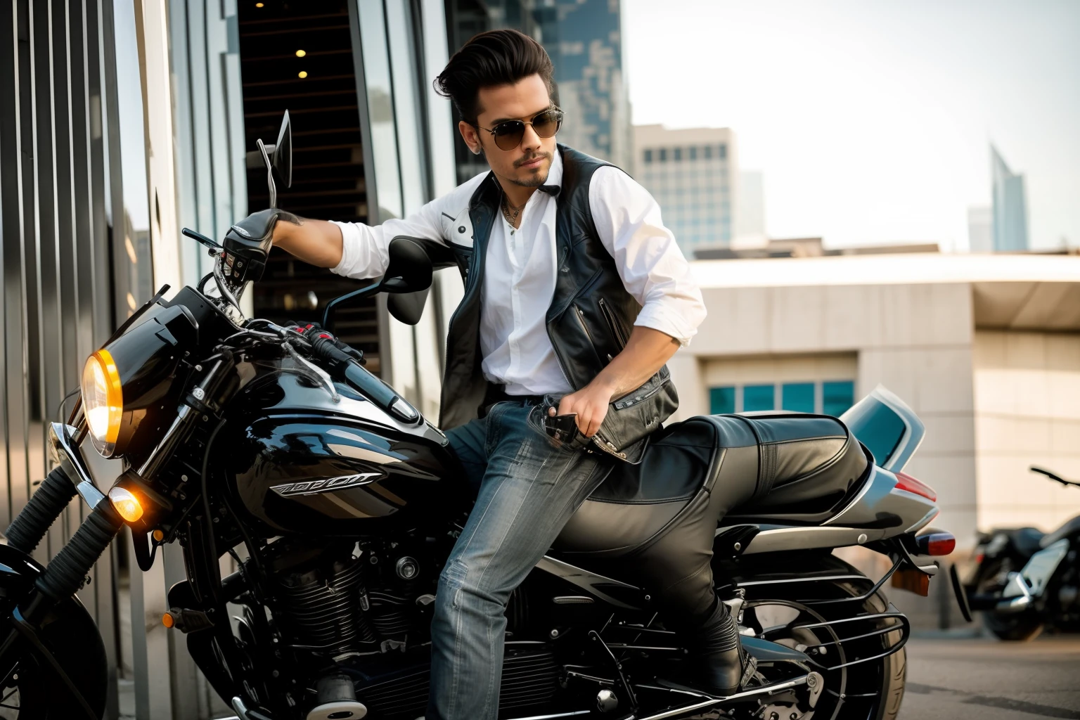 there is a man sitting on a motorcycle in front of a building, looking heckin cool and stylish, stylish pose,ghost rider bike, don't change bthe dress with a cool pose, modeling shoot, very stylish, wearing fashion suit, mid shot portrait, posing, handsome man, stylish deity, looks smart, cinematic shoot, motorbiker, beautiful man, human