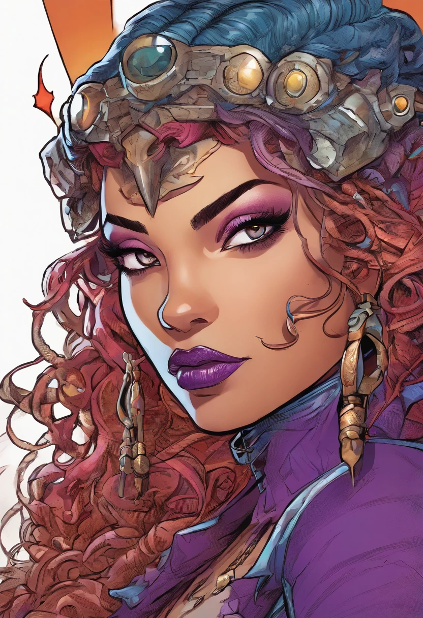 Portrait, Concept art, Character design, Highly detailed, High Quality, Color diffusion, close-up shot, Demonic Creature, Interdimensional creature, female creature, dark purple Human skin, tentacle hair, dreadlocks, Purple eyes, Sexy Villainess, Seductive monster, Lust creature, Sexy attire, Fantasy clothing, Sci-Fi Themed