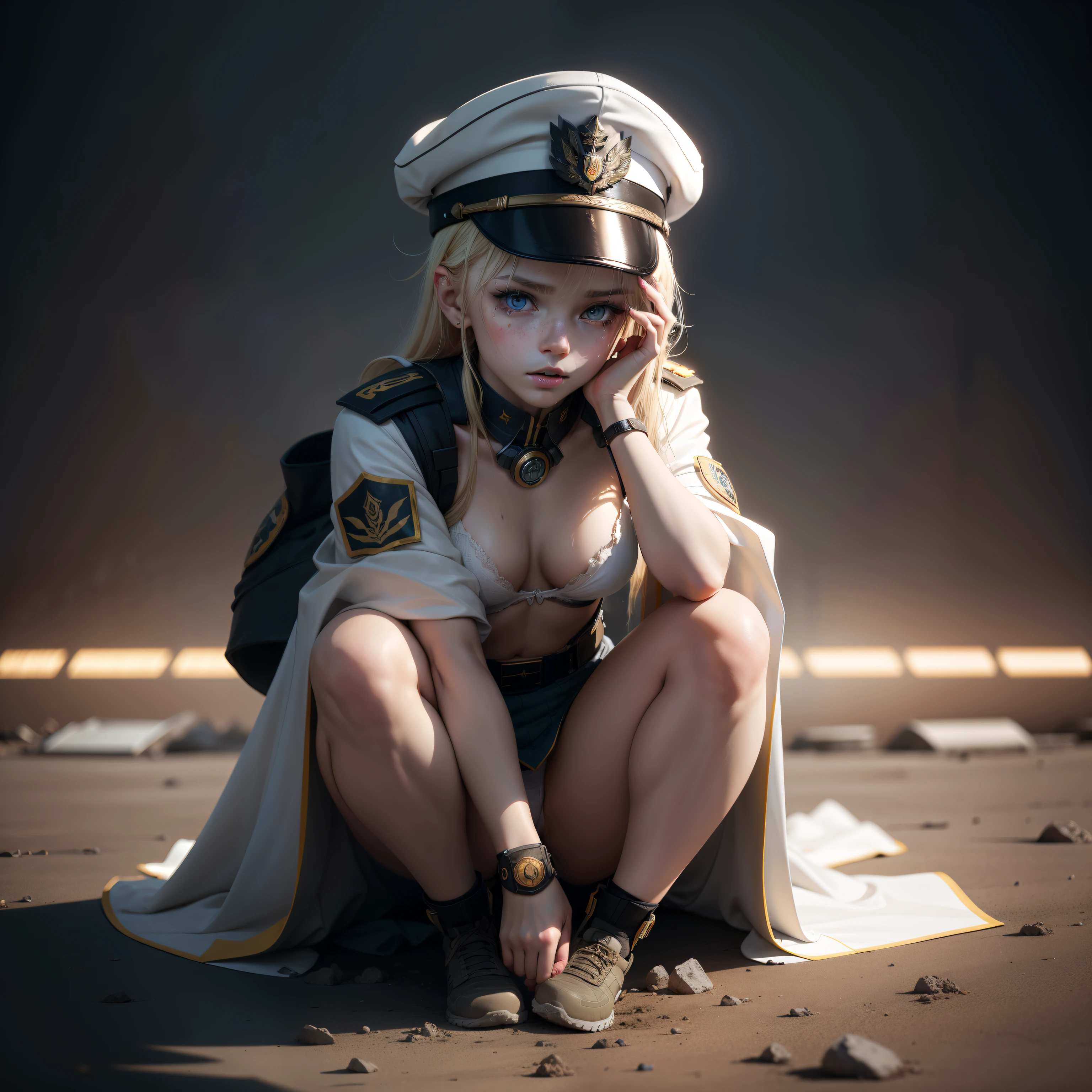 ukrainian girl , Ukrainian anime girls , , Ukraine , Full body composition of young girl with messy bright blonde hair, crouching down,eye make up, 13 year old, Soft lighting, Solo, Old torn dirty shabby futuristic military uniform, badges, Pose, Blotch color, Octane Render, Hyperrealistic intricate detail, Cinematic, 8K resolution, 70mm, Accent Lighting, Global Illumination, Full body portrait, clean detailed faces, intricate clothing, Cute face, flat chest, Slim waist, Slim legs, small hips,Show white cloth underwear,Wear the military cap diagonally,show breast,