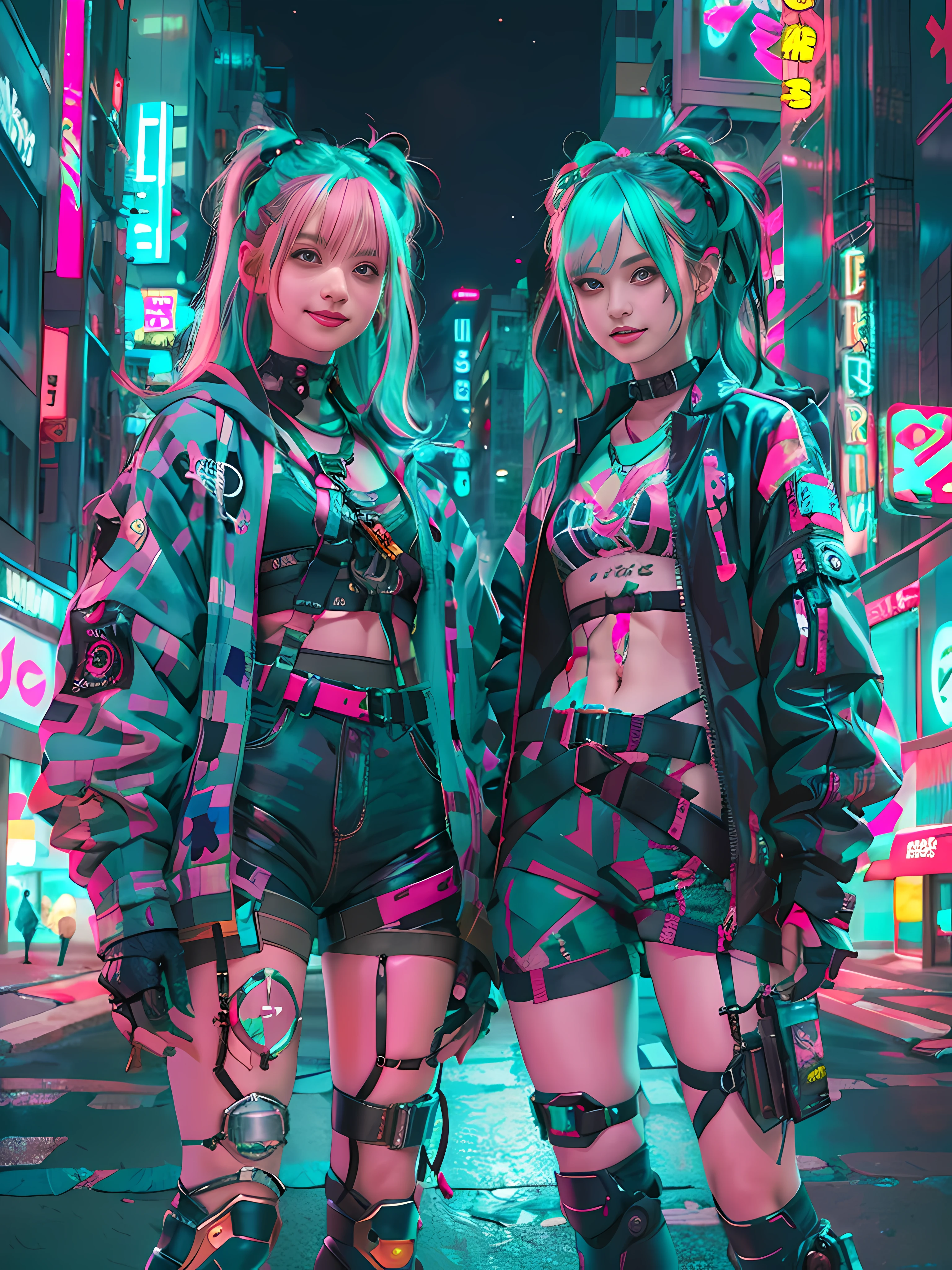 masterpiece, best quality, 2 ((smiling)) cyberpunk girls standing together, Harajuku-inspired cyberpunk body harness, bold colors and patterns, eye-catching accessories, trendy and innovative hairstyle, dazzling Cyberpunk cityscape, skyscrapers, neon signs, LED lights, bright and vivid color scheme, anime, illustration, detailed skin texture, detailed cloth texture, beautiful detailed face, intricate details, ultra detailed.