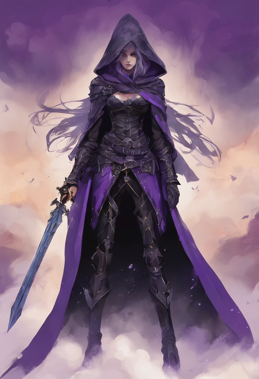 An adult female magician character wearing a hooded cloak and gothic armor with black details. Postura imponente, face with serious expression, hair in black color straight stuck, espada presa a cintura, hair in black color, livro preso a cintura, a remarkable beauty, Magnificent, Color of the blue lhos, Sky with magnificent clouds, torre de mago, castelo de magia, garments underneath the armor in purple color