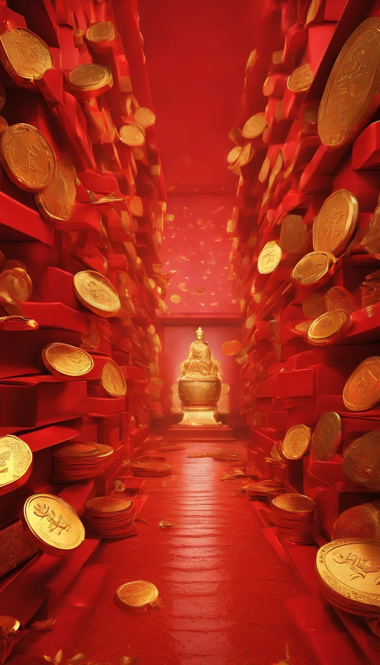 Wealth ，Futuristic，The background is all red envelopes，Red envelope rain，Gold ingots