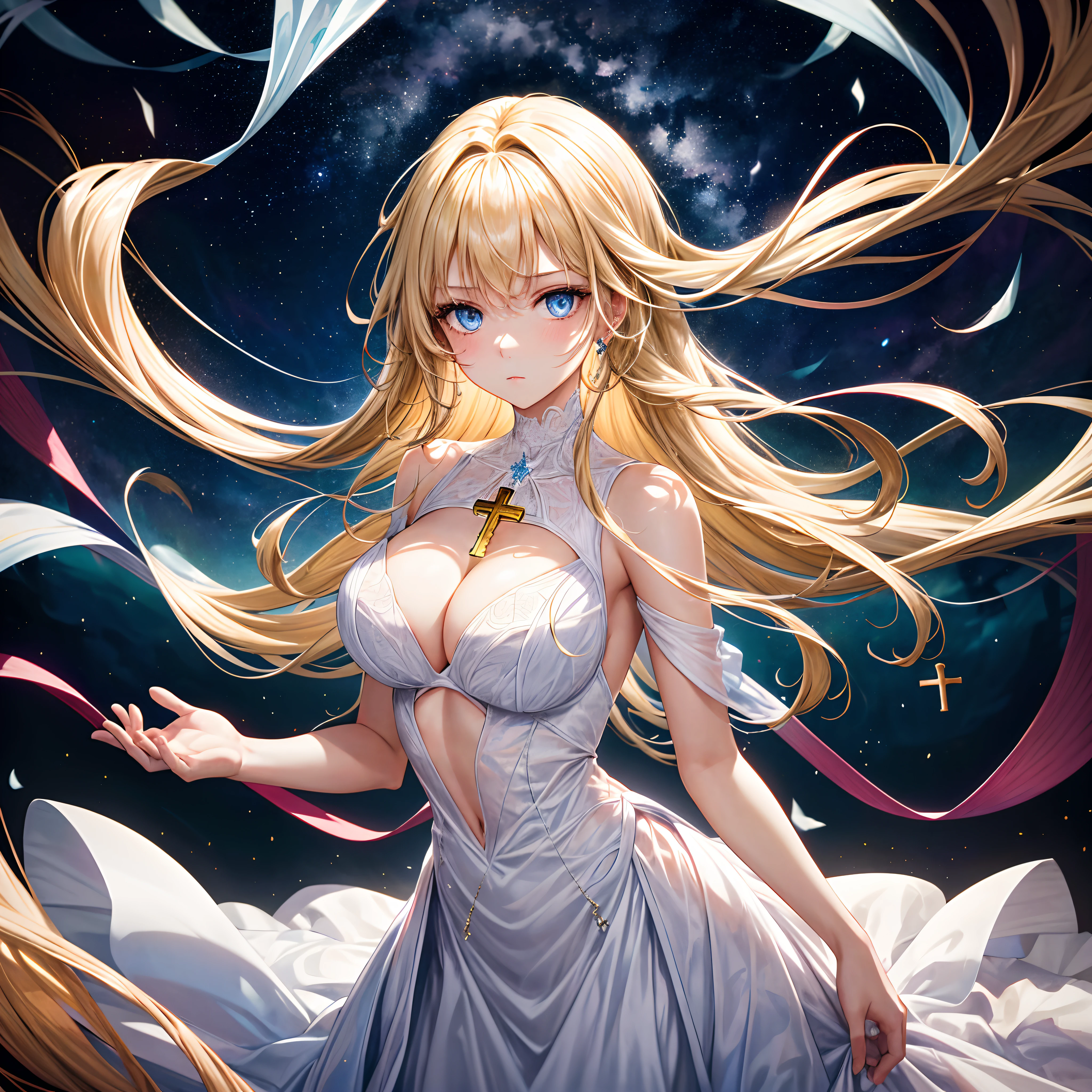 A young woman with long bright blonde hair,The background is a vast starry sky,she has blue eyes,Delicate and beautiful face,Wearing a long white conservative dress,There is a cross on the chest,Excellent figure,Large breasts,face expressionless,The expression was indifferent,Floating in the palm of her hand was a glowing white key