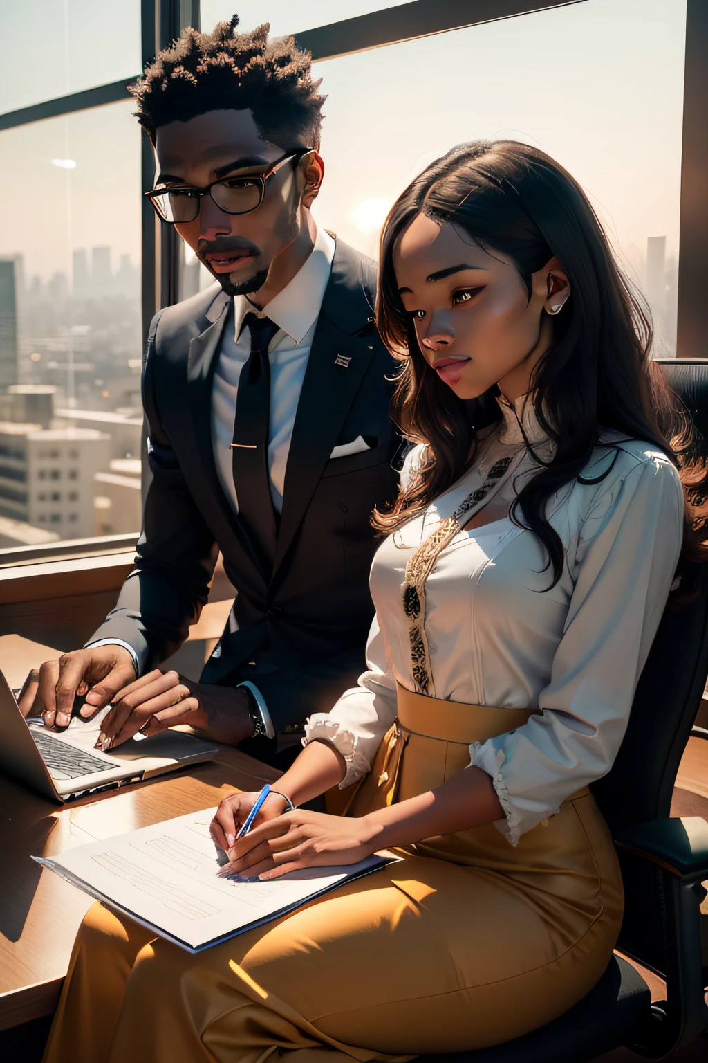 Um casal de homem e mulher, um africano e um caucasiano, works on a laptop in an office window. A janela oferece uma vista deslumbrante do rio Tejo, which is bathed in sunset colors. A mulher, de vestido preto Chanel e joias de ouro, it's slender and small. O homem, in formal suit and watch, He's tall and athletic. They're both smiling and looking happy. The woman is wearing a virtual reality headset that allows her to interact with a 3D model of a building. Man is using artificial intelligence software to analyze data. They are working together on a project to improve the productivity of companies. The image is photorealistic and detailed, with a resolution of 8K HD. Office light lighting with sunset on the window is created by a combination of natural and artificial light. The texture of the skin of the two models is realistic and with human features, It's not hyperrealistic. The image is an inspiration to all those who believe in the power of technology to bring people together and create a better world.