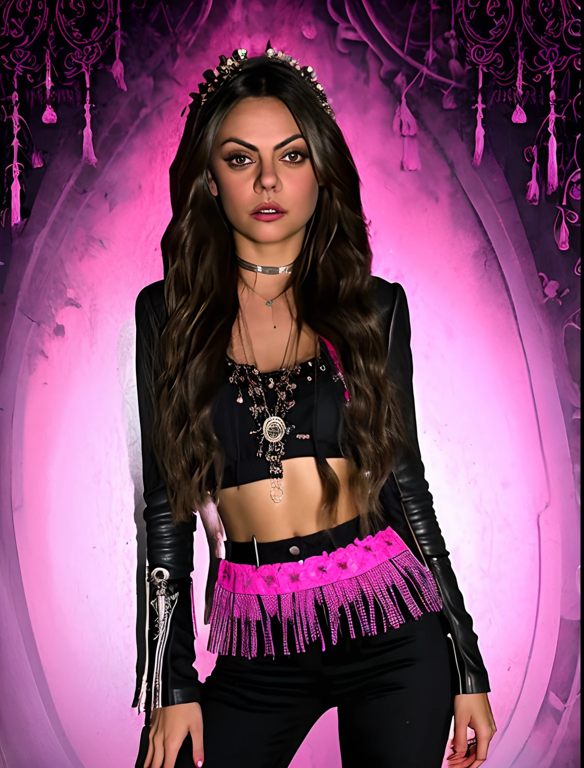 young Preteen fairy gothic Mila Kunis. dark spooky background, skeletons walking, trees without leaves, spooky atmosphere, smoking, purple wavy hair, long skinny legs. dark city, rebel, 70s rock girl, 70s vibe, high detail, realistic,pink panties, leather jacket, night city, rings on fingers