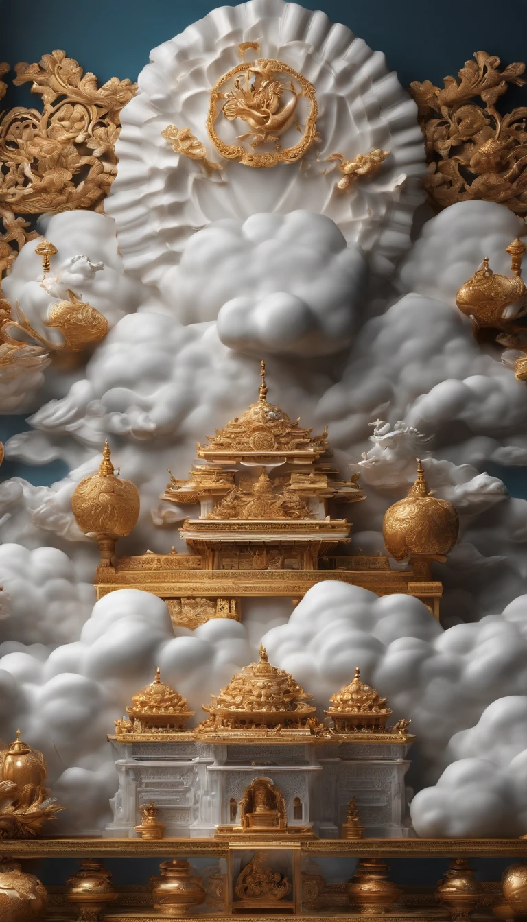 Extreme detail, 8K, hyper qualit, Masterpiece, illustration, Photorealistic, Ultra photo realsisim, intricate sharp details, Dramatic lighting, Classical auspicious clouds, Auspicious clouds made and carved with fine porcelain and white marble,