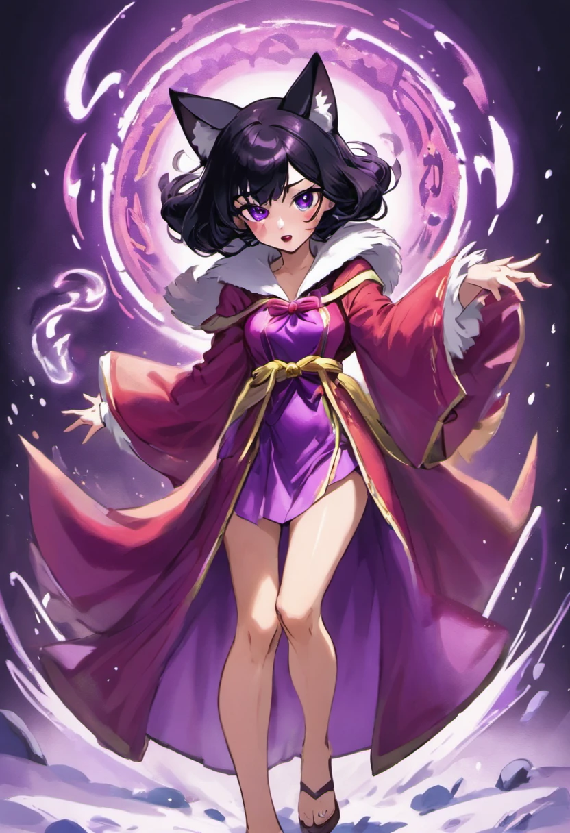 Wearing(（purpleish color）Robe，（Snow white）Collar)Beautiful woman with black hair，Barefoot，（Nine-tailed fox girl，(No animal ears））（The background is a huge light and shadow），Suggestive pose