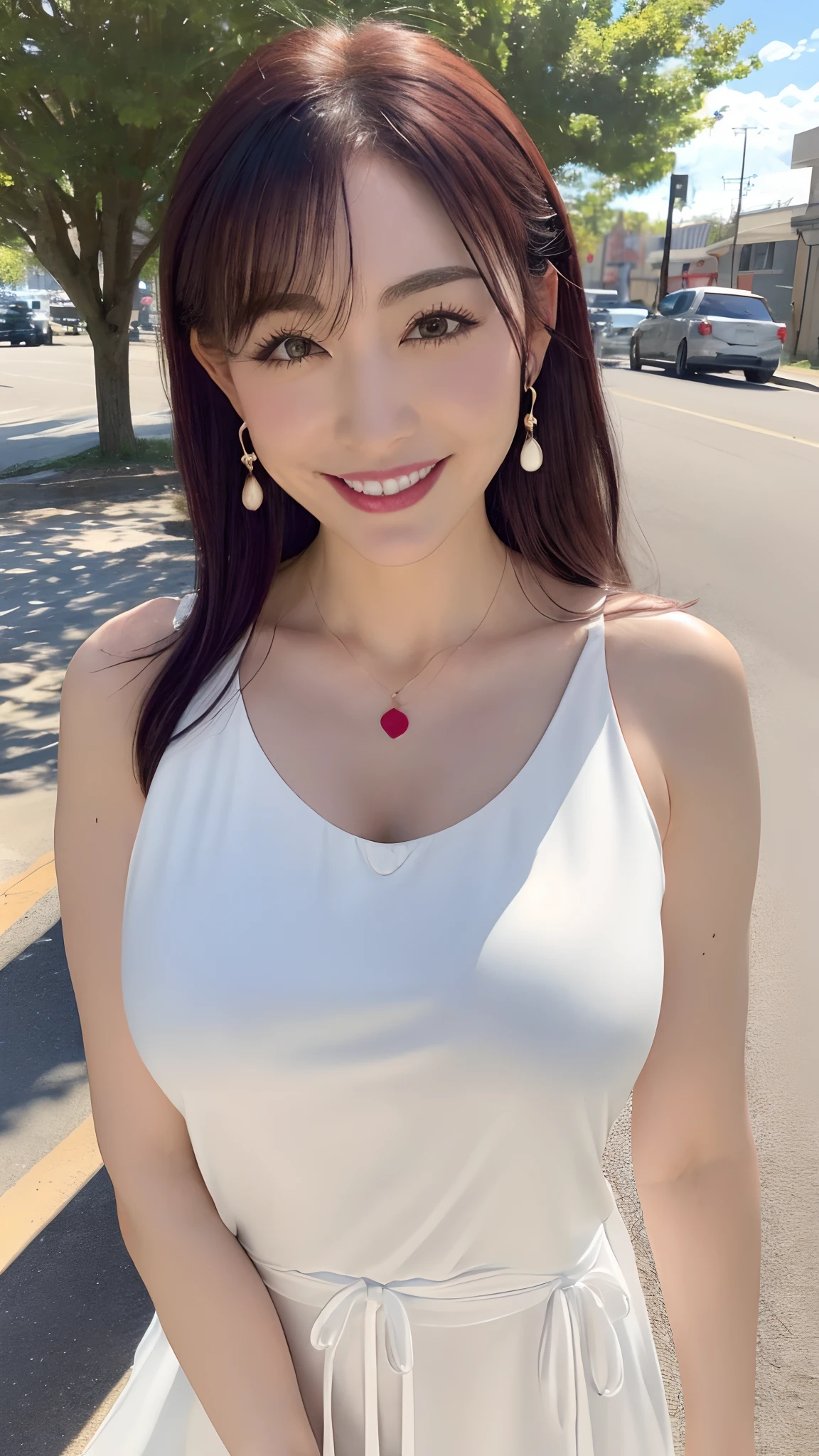 in 8K、超A high resolution、Best Quality、masutepiece 、(quite massive chest、Transverse breasts、stick out chest:1.4)(White Summer Dress:1.3)、In the street、Black hair long straight、Happy smile、Big dark eyes、lipgloss、a necklace、White mule、(Show the armpits、Drawing from the side、and draw the full body:1.1)