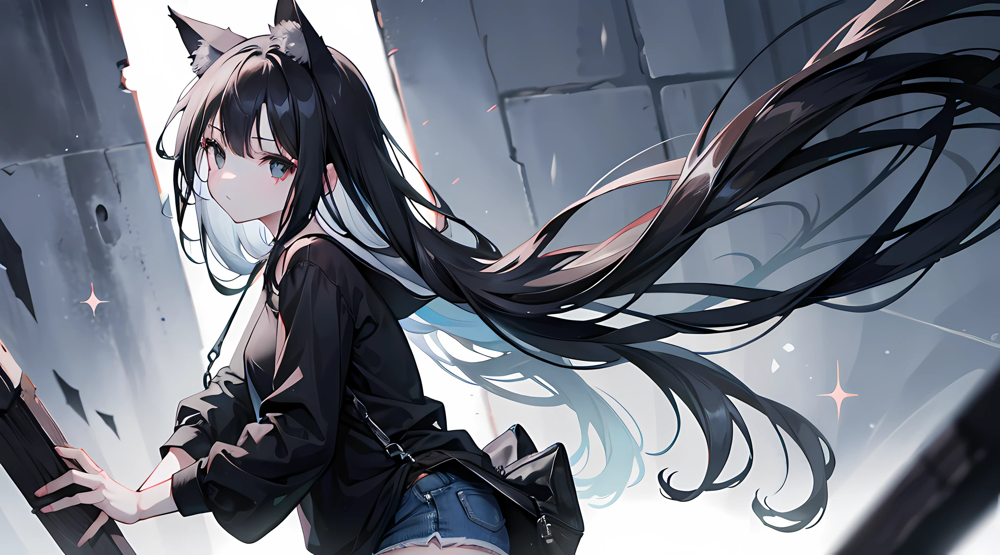 1girl, Long black hair, cat Ears, Crown, Black eyes, perfect face, wearing plain black shirt, denim shorts, Future, absurdres, high res, ultra sharp, 8K, masterpiece, looking at viewer