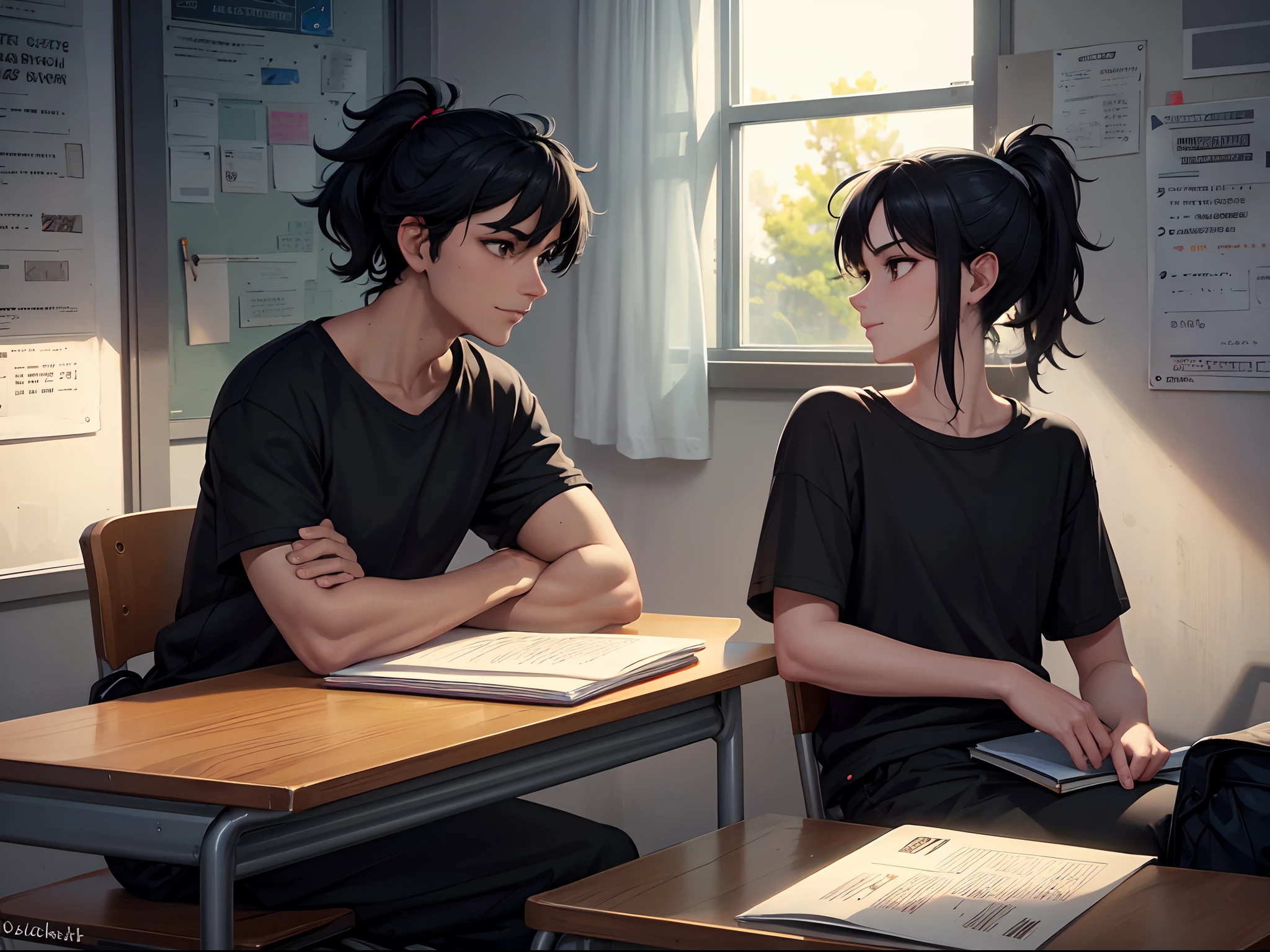 black tshirt, black joggers, baggy pants, grey shoes, black hair, high ponytail, dark brown eyes,  in a college class , sitting on seat, class room, windows, fans, whiteboard, writting, looking down, working , shinny hair, shinny eyes, sun lighting, rim lights, sparkles, shinny eyes, perfect hands, perfect detailed face, detailed background,side view, solo, bloom,cool, bright colours, shinny ,  2 arms,side lighting, solo,single person, masterpiece, high quality, messy hair, light smile, writting, sitting on seat, sitting on desk , books on table, pen in hand