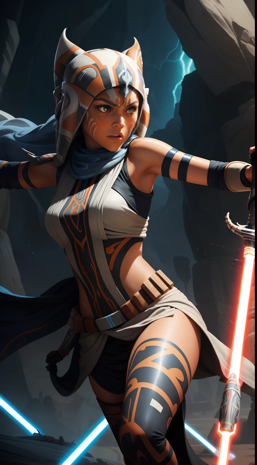 "Create a stunning illustration of Ahsoka Tano in action, with her signature white lightsaber and lekkus (tentacles) mounting her Jedi prowess in an epic battle arena. Be sure to capture her essence and unique facial expression as she faces a challenge in the Star Wars universe."