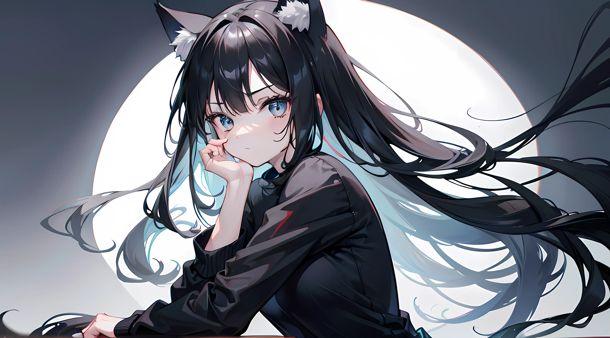 1girl, Long black hair, cat Ears, Crown, Black eyes, perfect face, wearing plain black shirt, denim shorts, Future, absurdres, high res, ultra sharp, 8K, masterpiece, looking at viewer