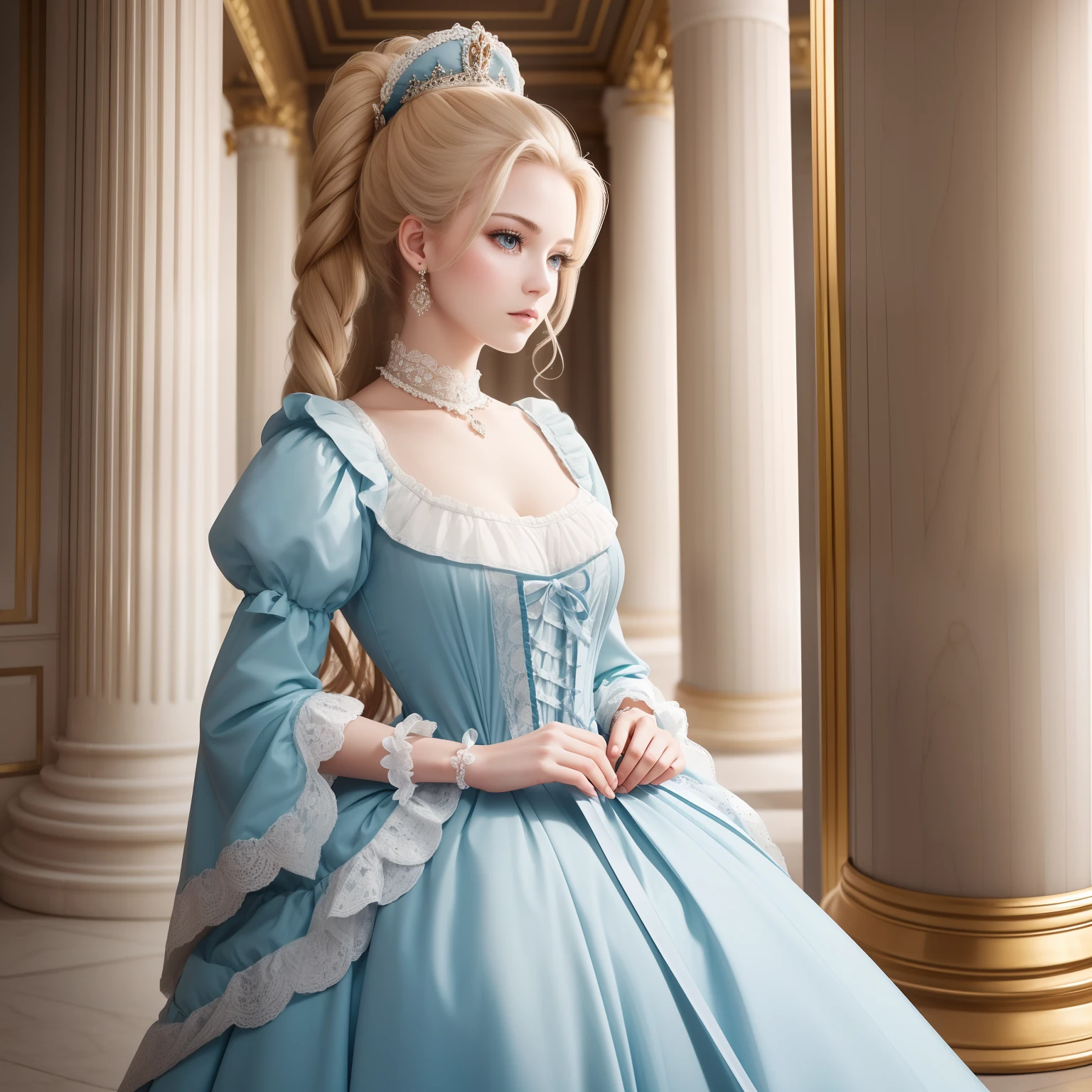 from face, official portrait, full view of a queen, a 30 years old woman, very long blond hair, blue eyes, slim, arms folded, she wears a futurist cream and blue dress made from a mix of printed circuit board alloy and leather fabric, a throne in the background