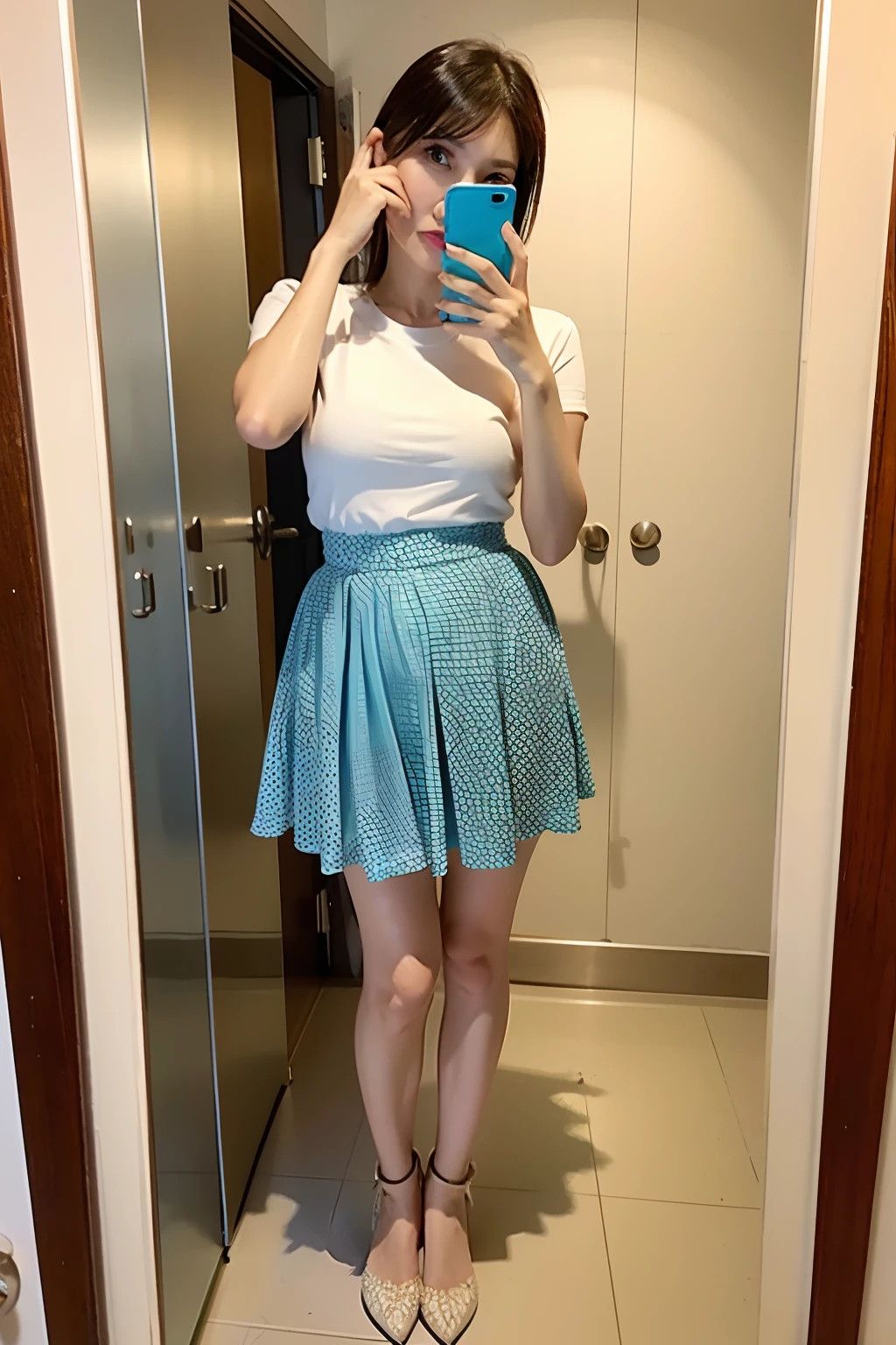 A woman, Asian, 45 years old, middle aged, wearing short transparent short skirt, standing in front of bathroom mirror, holding phone, face covered, taking a selfie