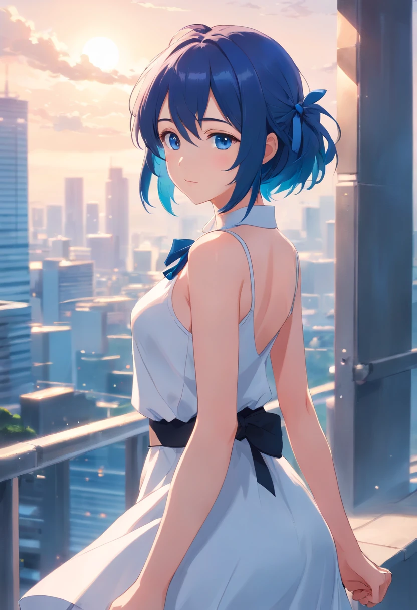 innocence, Deep blue hair, Twin-tailed, arms behind back, White Dress, Black waist tie, girl with,Blue eyes,