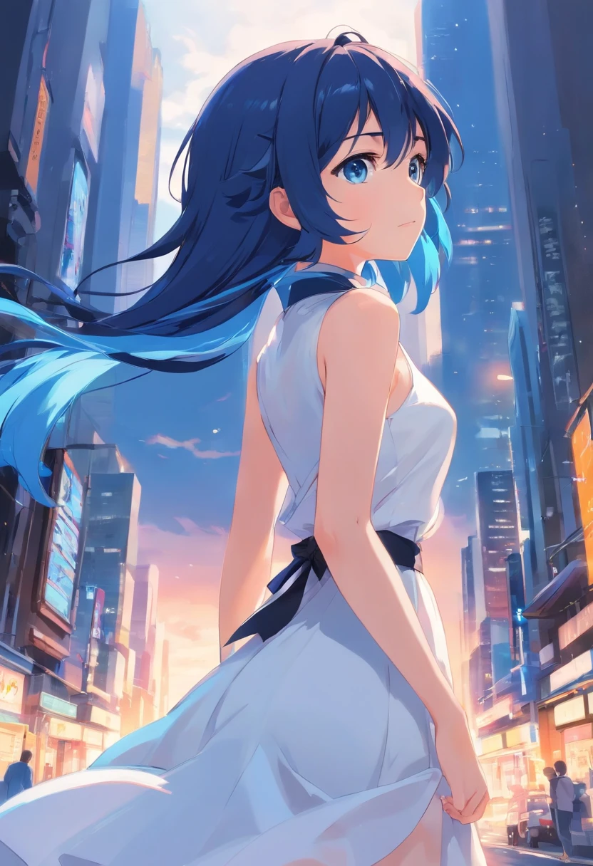innocence, Deep blue hair, Twin-tailed, arms behind back, White Dress, Black waist tie, girl with,Blue eyes,