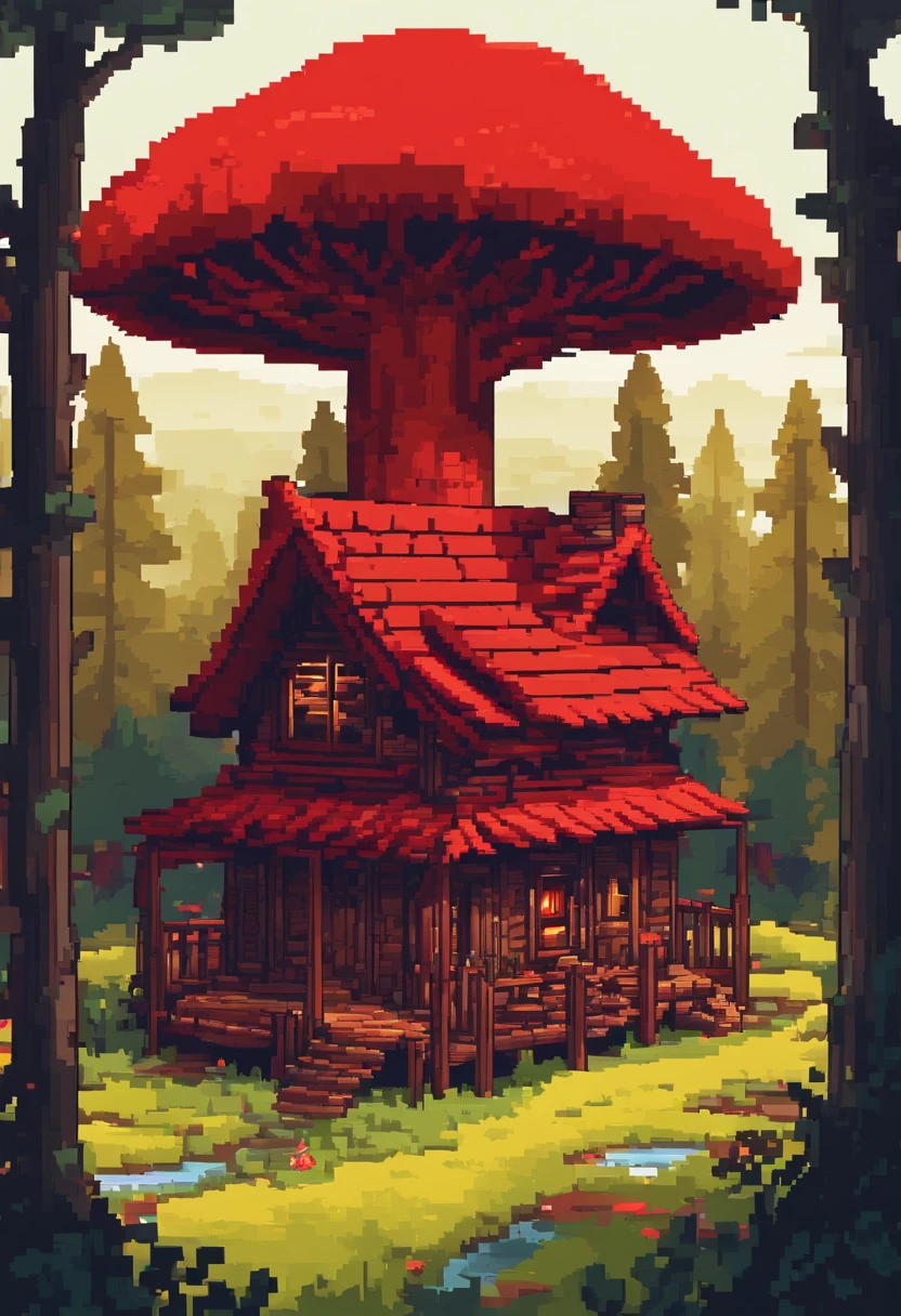 masterpiece, ((best quality:1.2)), wallpaper 8k, ((extremely detailed:1.2)), hut, cabin, forest, junggle, red tree, cozy, dusk, fantasy, red mushroom