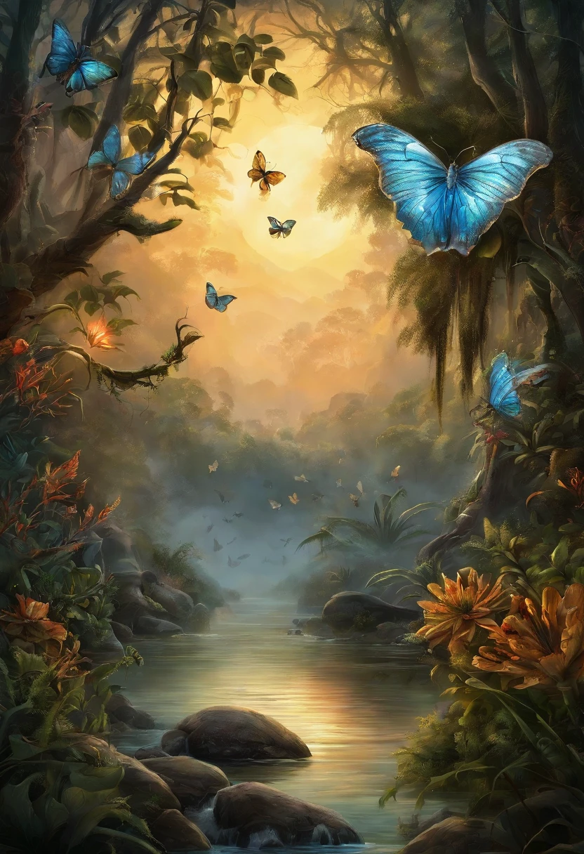 ((best qualtiy)), ((tmasterpiece)), (A detailed:1.4),Enhanced dynamic perspective,jungles,nighttime scene,starrysky,(darkly:1.4),((Baby adventurer standing in front of supergiant butterfly,Butterflies spread their huge wings,shimmering under the moonlight,A starry stream flowed in front of him)),Crocodiles float on the water,(Adventurer backpack),(weeds),florals,(((adventurer clothing))),Glow effects,super-fine,Works of masters,high qulity,8K分辨率,depth of fields,电影灯光,Epic shooting,high qulity,super-fine,Detailed pubic hair,Accurate,Cinematic lighting
