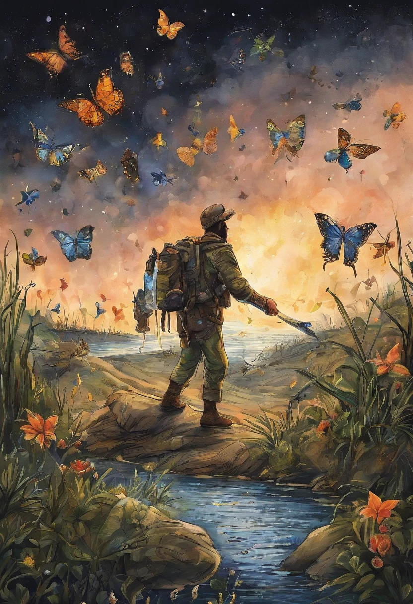 （（best qualtiy））， （（tmasterpiece））， （A detailed：1.4），Enhanced dynamic perspective，jungles，nighttime scene，starrysky，（darkly：1.4），（（Baby adventurer standing in front of supergiant butterfly，Butterflies spread their huge wings，shimmering under the moonlight，A starry stream flowed in front of him）），Crocodiles float on the water，（Adventurer backpack），（weeds），florals，（（（adventurer clothing））），Glow effects，super-fine，Works of masters，high qulity，8K分辨率，depth of fields，电影灯光，Epic shooting，high qulity，super-fine，Detailed pubic hair，Accurate，Cinematic lighting