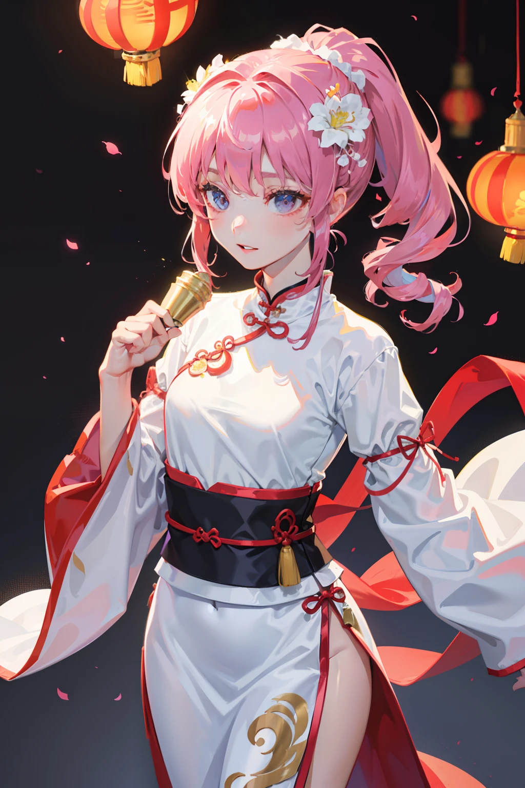There is a cartoon little girl dressed up, Chinese dress, Chinese costume, Traditional Chinese costumes, closeup - view, wearing ancient Chinese costume, Match with ancient Chinese costumes, Palace, A girl in Hanfu, White Hanfu, Cheongsam, Wearing pink flowers Chiton, Shadow room, light edge, Two-tone lighting, (High detail skin: 1.2), Digital SLR, Soft light, High quality, voluminetric lighting, A sneak peek, Photo, high resolution, 4K, 8K, Background bokeh,Carrying a lantern in his hand
