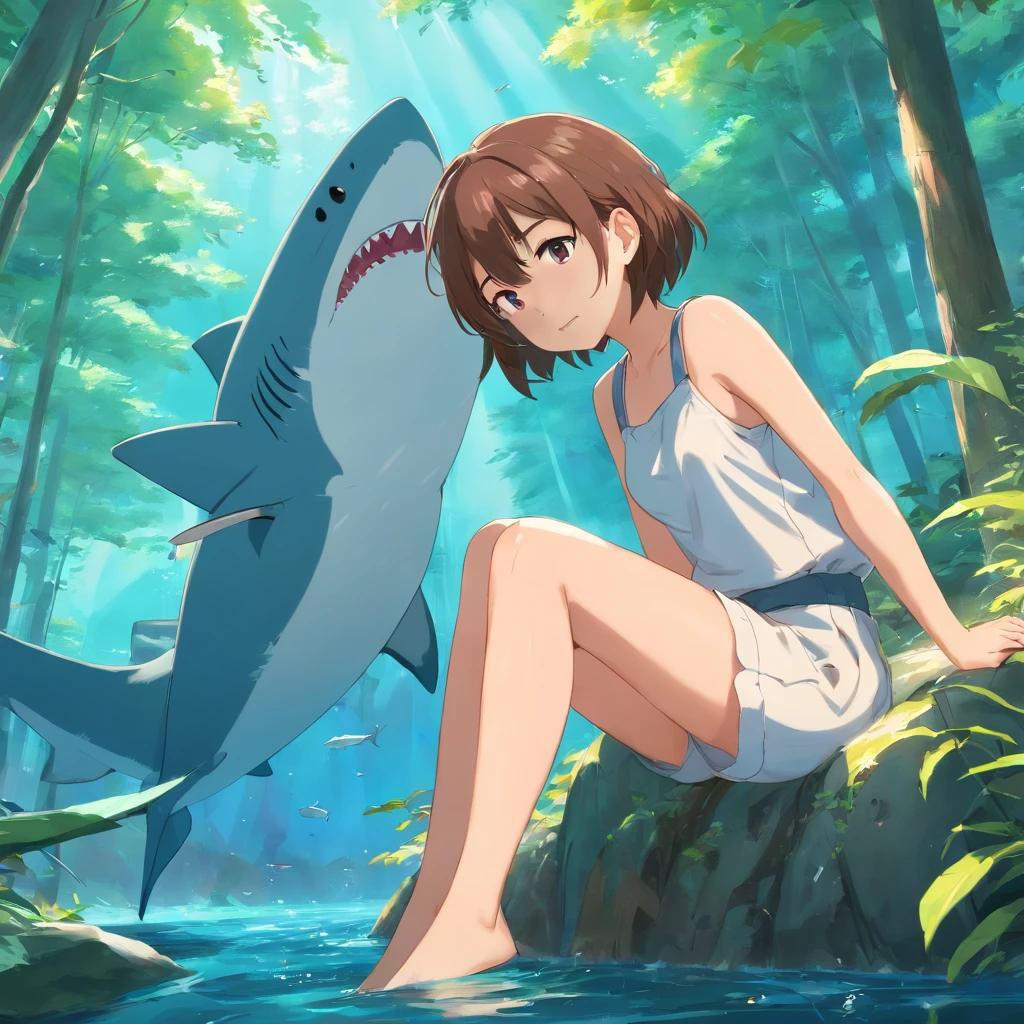 Fantastic atmosphere with dango brown-haired girl sitting on a fat shark, Cute shark images, The shark's tail is pointing upwards in the air, Fantastic forest with large trees in the background,