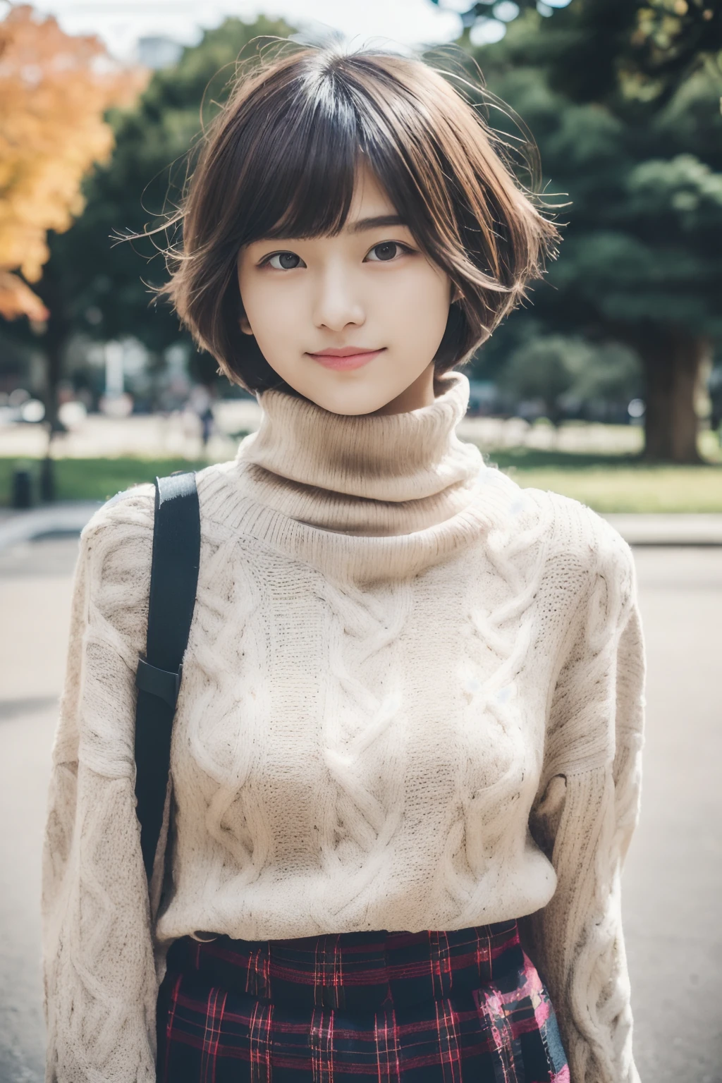 medium (chin-length:1.2) grown-out pixie-cut hair, (masutepiece:1.1),(Best Quality), (Raw photo), (Beautiful 14 year old Japan girl), (Cute face),
(hitornfreckles:0.6), Cute lips,
Dynamic lighting,
Provocative,
Happy,
in the park,
(Black turtleneck sweater and checked mini skirt),
(Photo collection of female college students),
