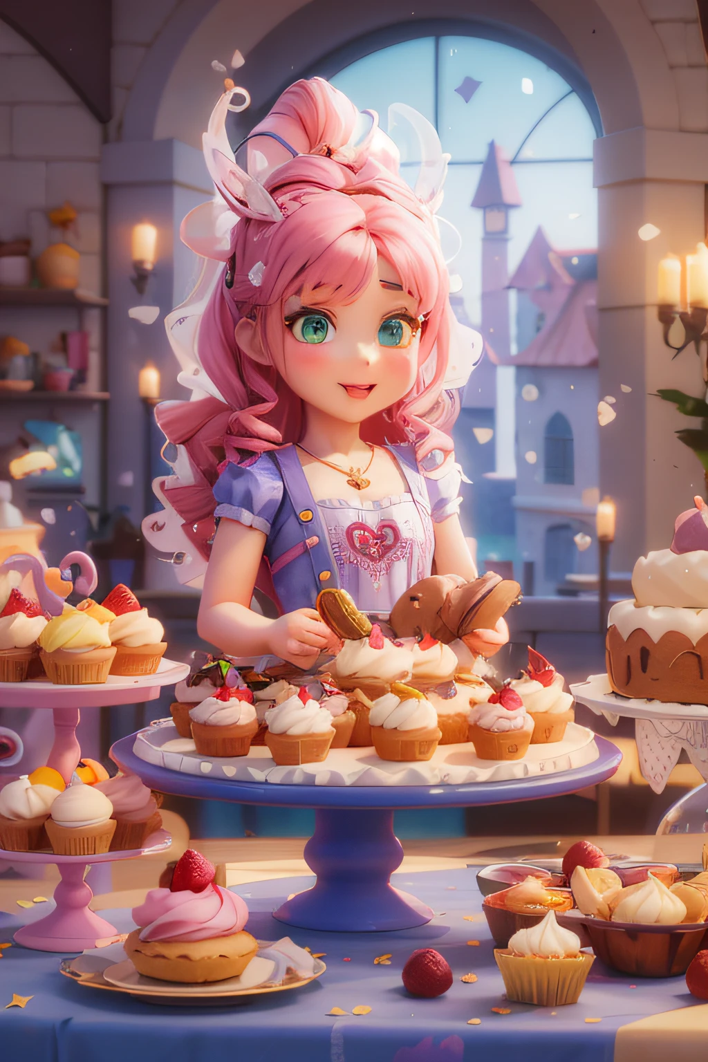 There's a cartoon girl standing in front of a table with cupcakes, Padaria fantasia, arte digital detalhada bonito, painting digital adorable, 8k arte detalhada de alta qualidade, official illustration, fantasy bakery interior setting, stylized as a 3d rendering, baking artwork, 3 d render stylized, render de uma menina anime 3d bonito, fanart detalhado