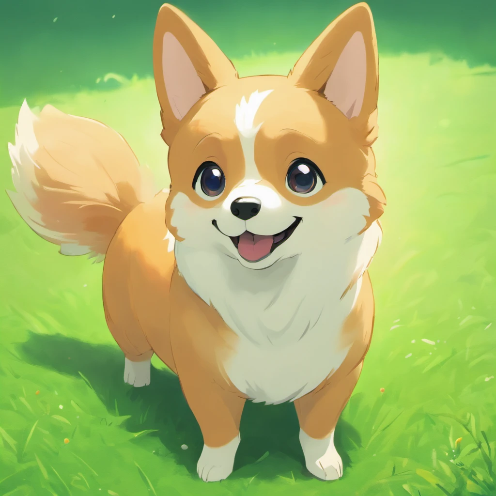 Corgi Chinese illustration movie lighting effects，A corgi sitting on the grass，His eyes were fixed on the screen，Optimize eye detail，A corgi sitting on the grass，His eyes were fixed on the screen，Optimize eye detail，best qualtiy，high detal，best qualtiy，8K, 3Drenderingof，VR5.0 Renderer rendering，unreal engine 5 render