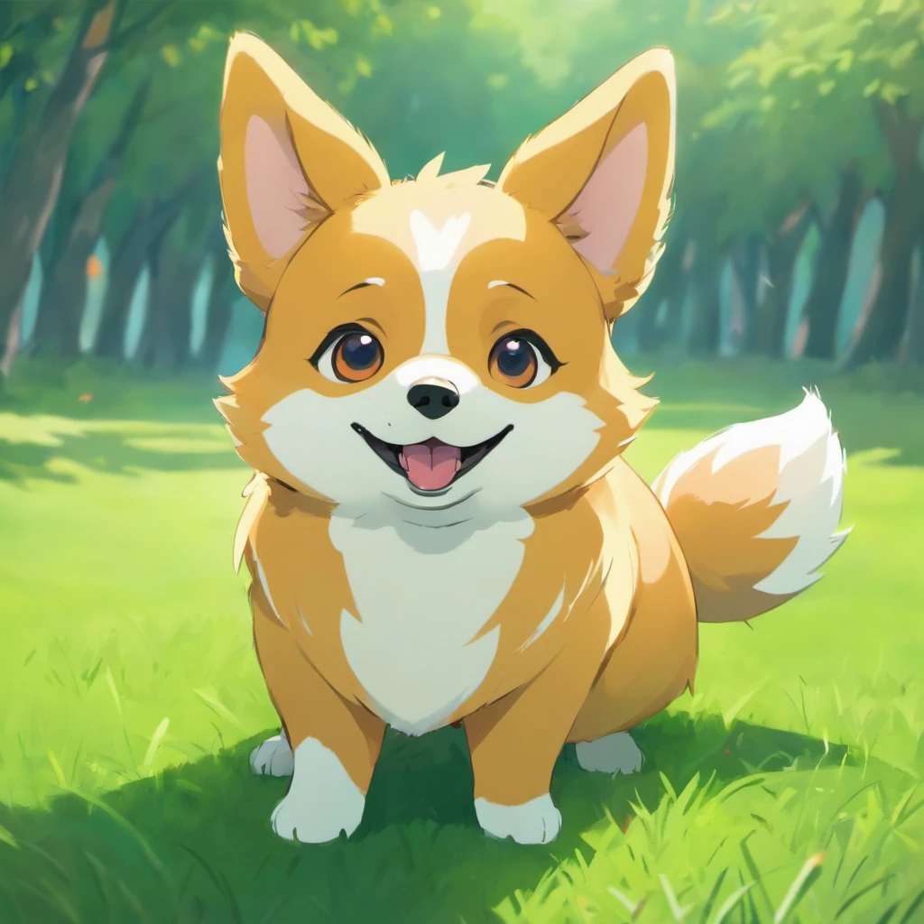 Corgi Chinese illustration movie lighting effects，A corgi sitting on the grass，His eyes were fixed on the screen，Optimize eye detail，A corgi sitting on the grass，His eyes were fixed on the screen，Optimize eye detail，best qualtiy，high detal，best qualtiy，8K, 3Drenderingof，VR5.0 Renderer rendering，unreal engine 5 render