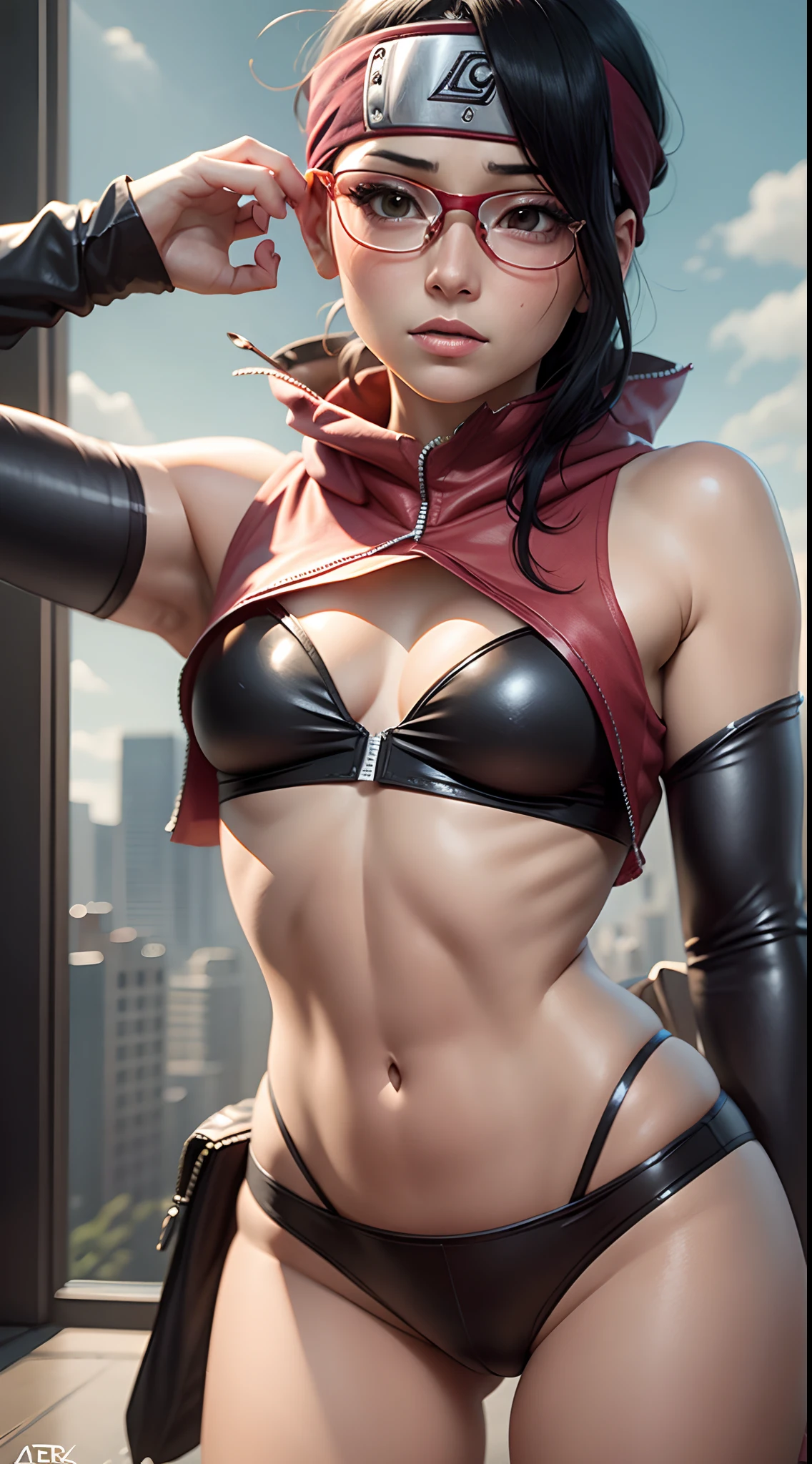 obra-prima, sedutora, intimate:1.3), Sarada Uchiha, bandana Naruto na testa , sentada , pernas abertas,