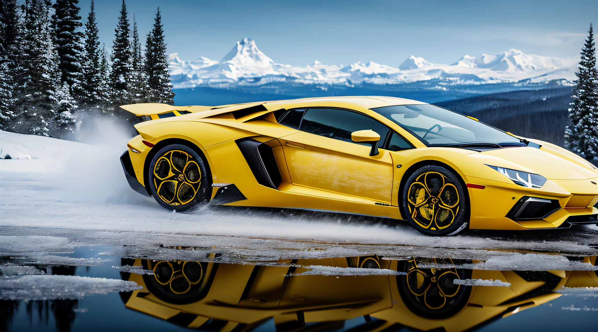 yellow lamburguini aventador sports car, running on an icy slope, with a landscape of snow-covered trees, with reflection in the car window, landscape background with icy mountains and snowflakes in the air, ultra realistic image, detailed image, 12k image, ultra resolution, vivid colors, real image, 3d rendering, ray tracing, cinematic lighting, realism, Expressionism, UHD, 8k, 16k, super detail, high details, high quality