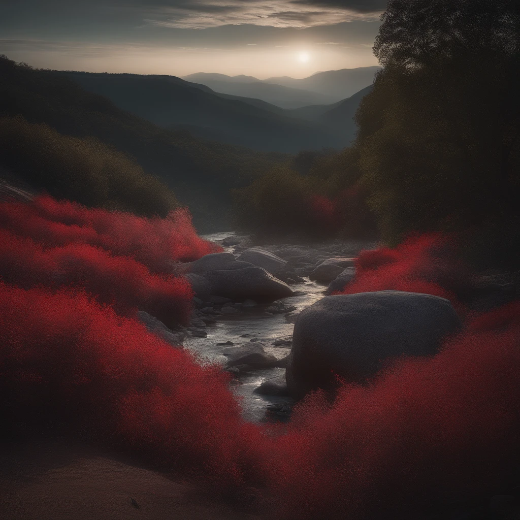 Red in stone, Moonlight Stream, Concept art, digital art, hyper realistic, octane render, super detailed, 8k