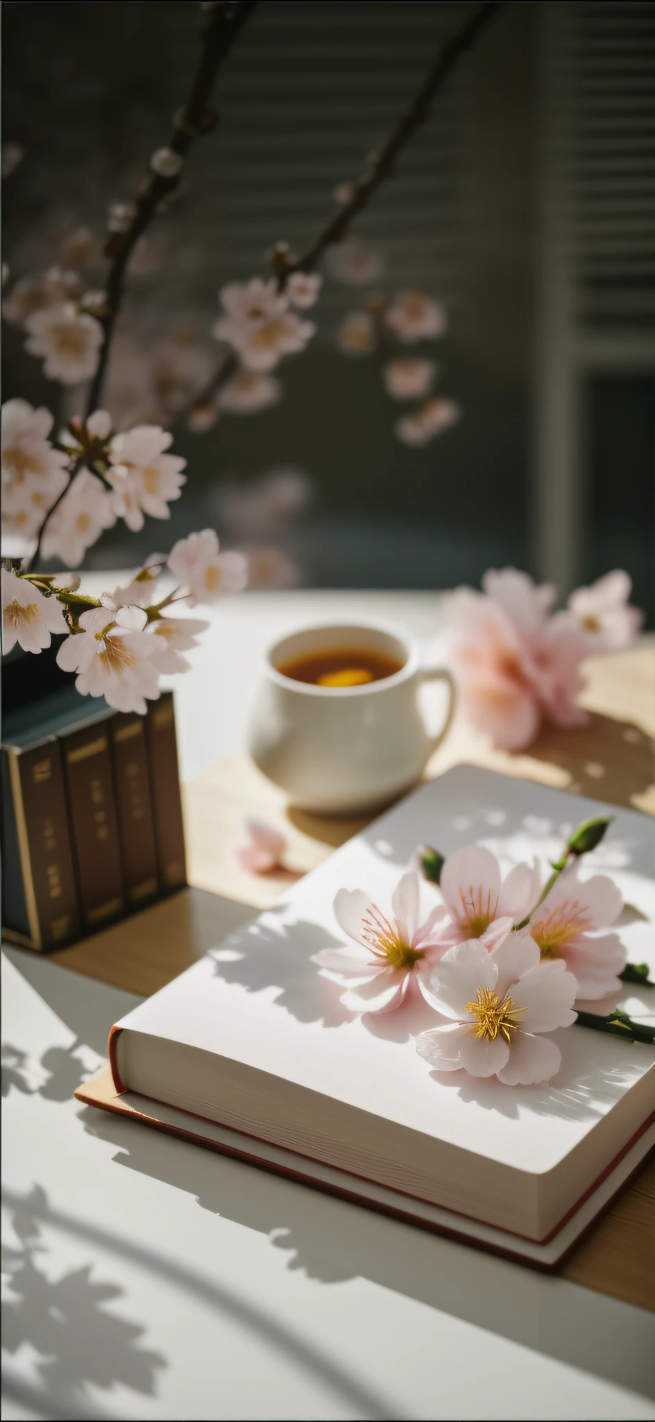On the table was a book with flowers written on it, books and flowers, Beautiful composition, sakura bloomimg, spring morning, sakura season, spring evening, Beautiful image, blossoming, Soft morning light, Sakura flower, sunny morning light, clubs, SakuraNS, on a white table, springtime, elegant study, sakura, flowers and blossoms